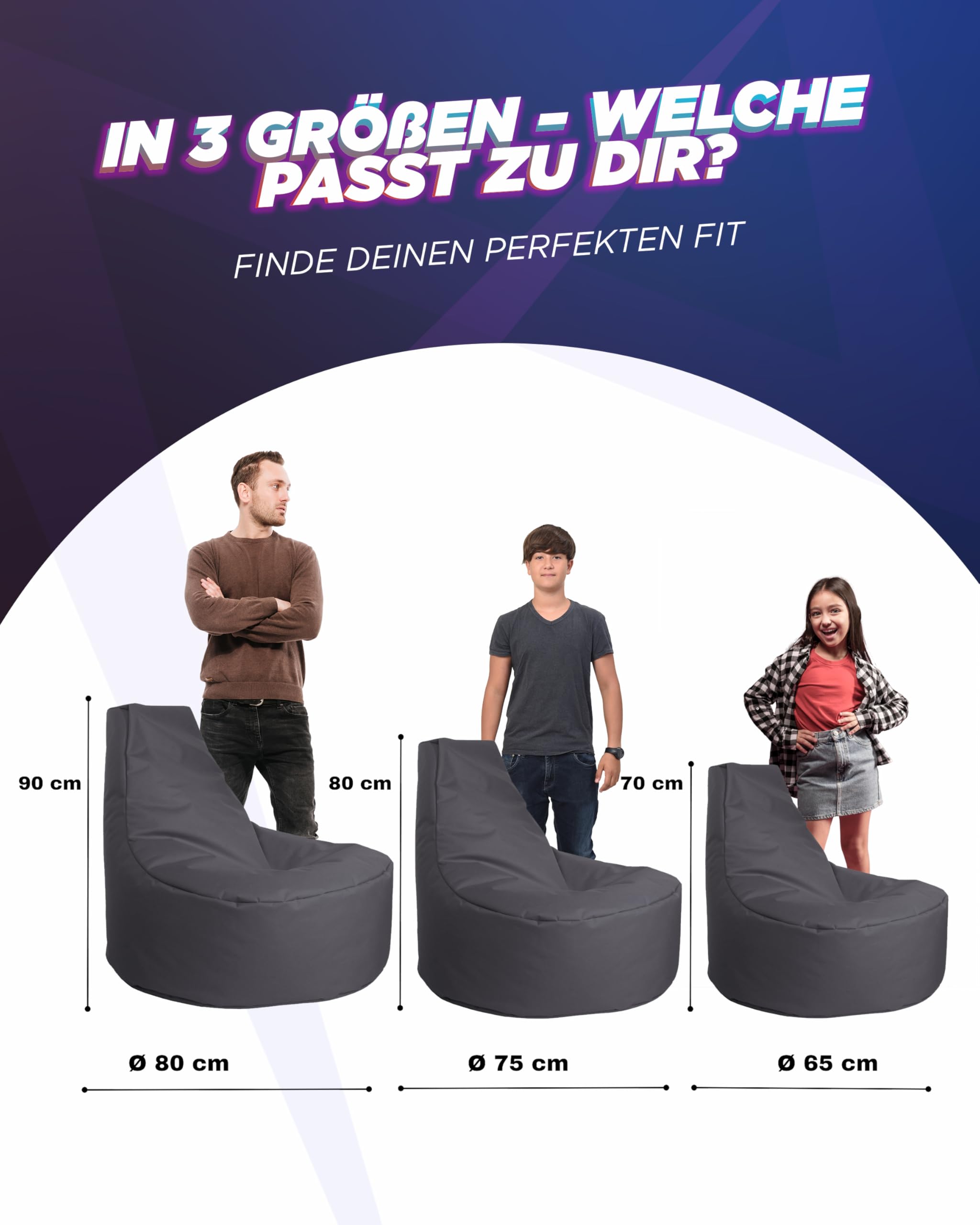 PATCH HOME Gamer Kissen & Lounge Sitzsack – befüllbar mit Reißverschluss, gefüllt mit Styropor, geeignet für In- & Outdoor. Perfekt als Gaming Sessel Sitzkissen (Anthrazit - Ø 80cm x Höhe 90cm)