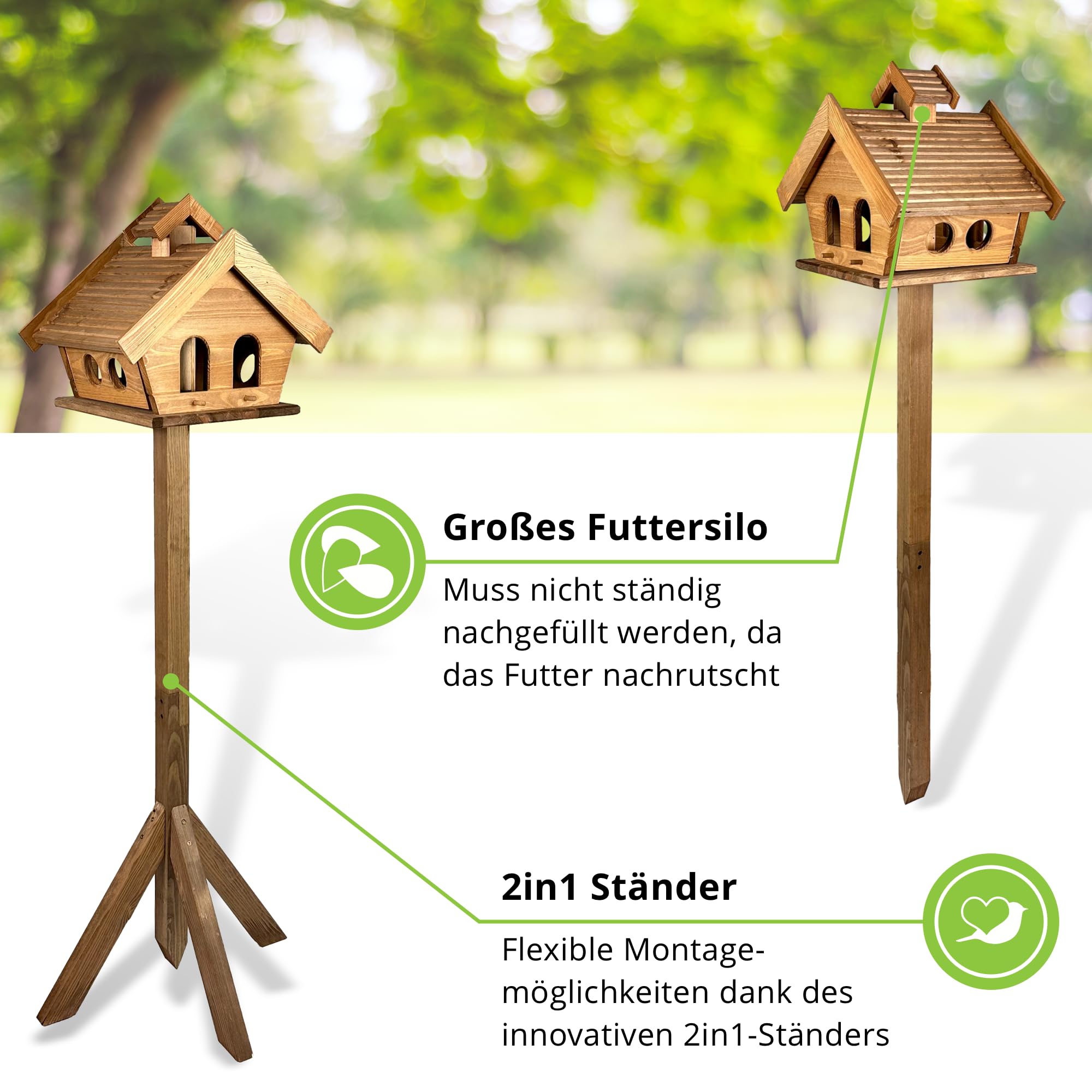 gartenetage GARTENETAGE Vogelhaus Holz mit 2in1 Ständer/Vogelhaus mit Ständer wetterfest und stabil/Vogelfutterhaus mit Ständer/Robustes Vogelhäuschen für Balkon und Garten, GE10307