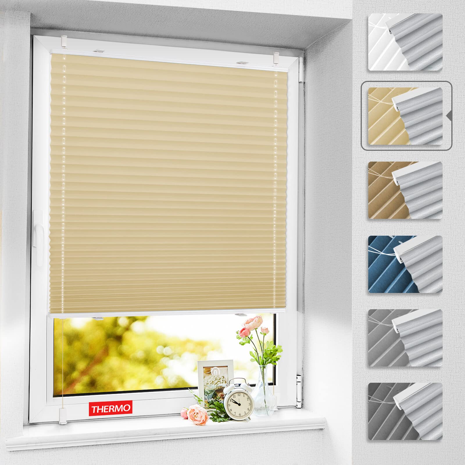 BelleMax Plissee ohne Bohren Verdunkelung Klemmfix, Thermo Plissee Hellbeige 70x130 cm(BxH), Verdunklungsplissee 100% Verdunkelnd & lichtundurchlässig, Sichtschutz und Sonnenschutz für Fenster & Tür