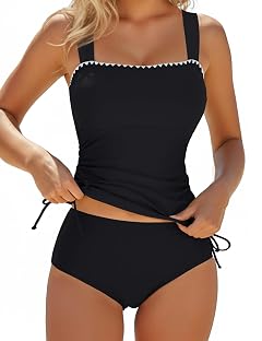Blooming Jelly Womens Tankini Swimsuits Tummy Control 2 Piece Ruched Drawstring Bathing Suits Shell Stitch Swim Suit