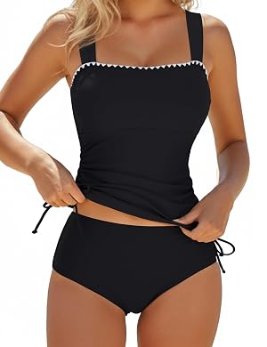 Blooming Jelly Womens Tankini Swimsuits Tummy Control 2 Piece Ruched Drawstring Bathing Suits Shell Stitch Swim Suit
