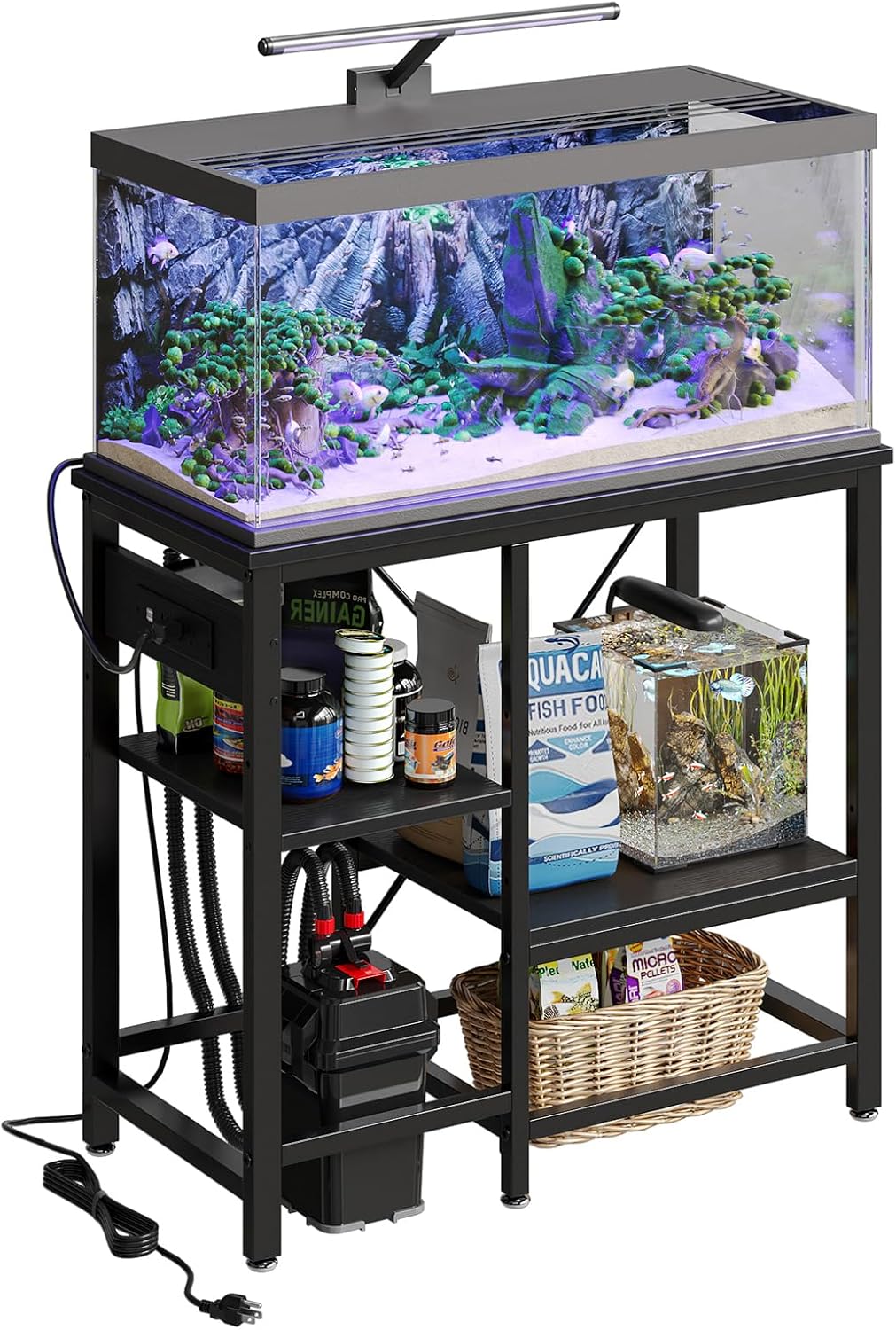 Bestier 20-29-37 Gallon Fish Tank Stand with Power Outlet, 30x13 Metal Aquarium Stand with Filter Storage, 6-Leg Reptile Tank Stand with 3-Tier Adjustable Storage Shelves, 400LBS Capacity, Black Oak