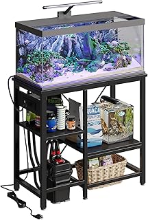 Bestier 20-29-37 Gallon Fish Tank Stand with Power Outlet, 30x13 Metal Aquarium Stand with Filter Storage, 6-Leg Reptile Tank Stand with 3-Tier Adjustable Storage Shelves, 400LBS Capacity, Black Oak