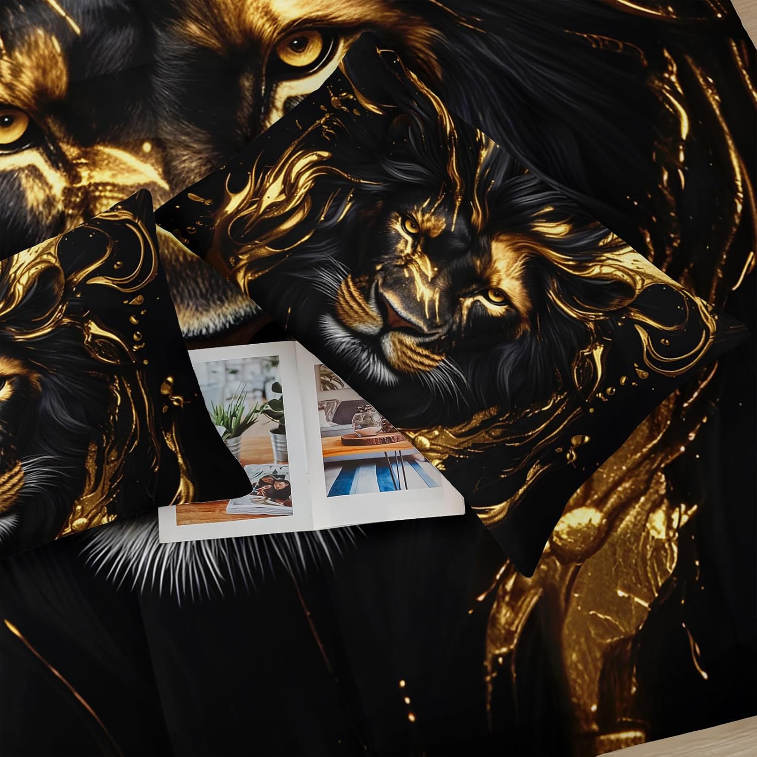 Black & Gold Queen Comforter Set Lion,Animal Print Queen Size Bedding,with 1 Comforter with 2 Pillow Case,Lion Themed Bedroom Decor for Boy Kids - Image 2