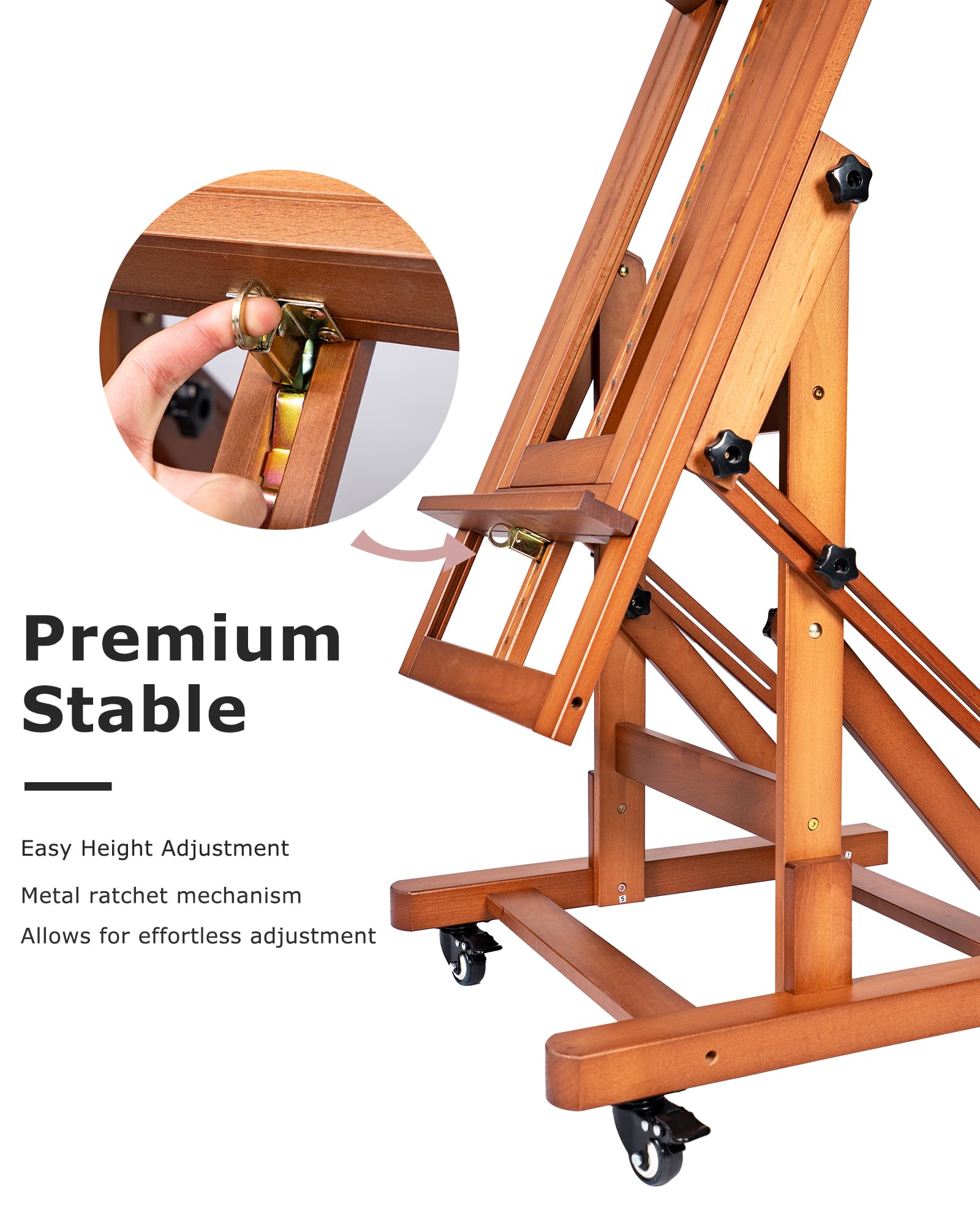 Chevalet D'artiste En Bois De Hêtre Réglable - Hauteur Max 226cm, Toile Jusqu'à 124.5cm | Avec Plateau Rangement - 9