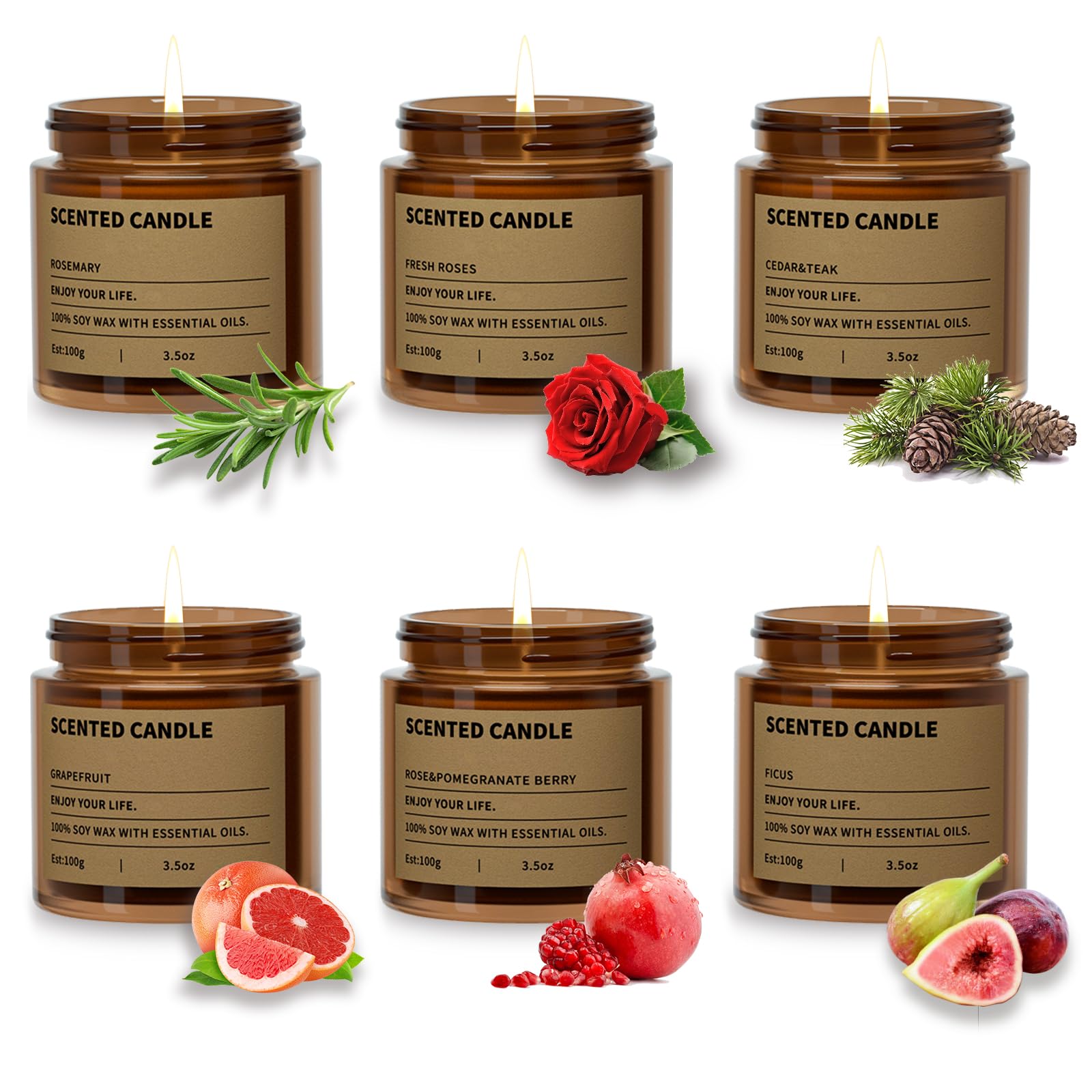 6 Pack Scented Candles Gifts for Women,3.5 Oz Amber Candles Set, 150 Hours Long Burning Soy Wax Candles Jar Aromatherapy Candles for Stress Relief, Birthdays, Weddings, Christmas Gifts, Yoga, Bath