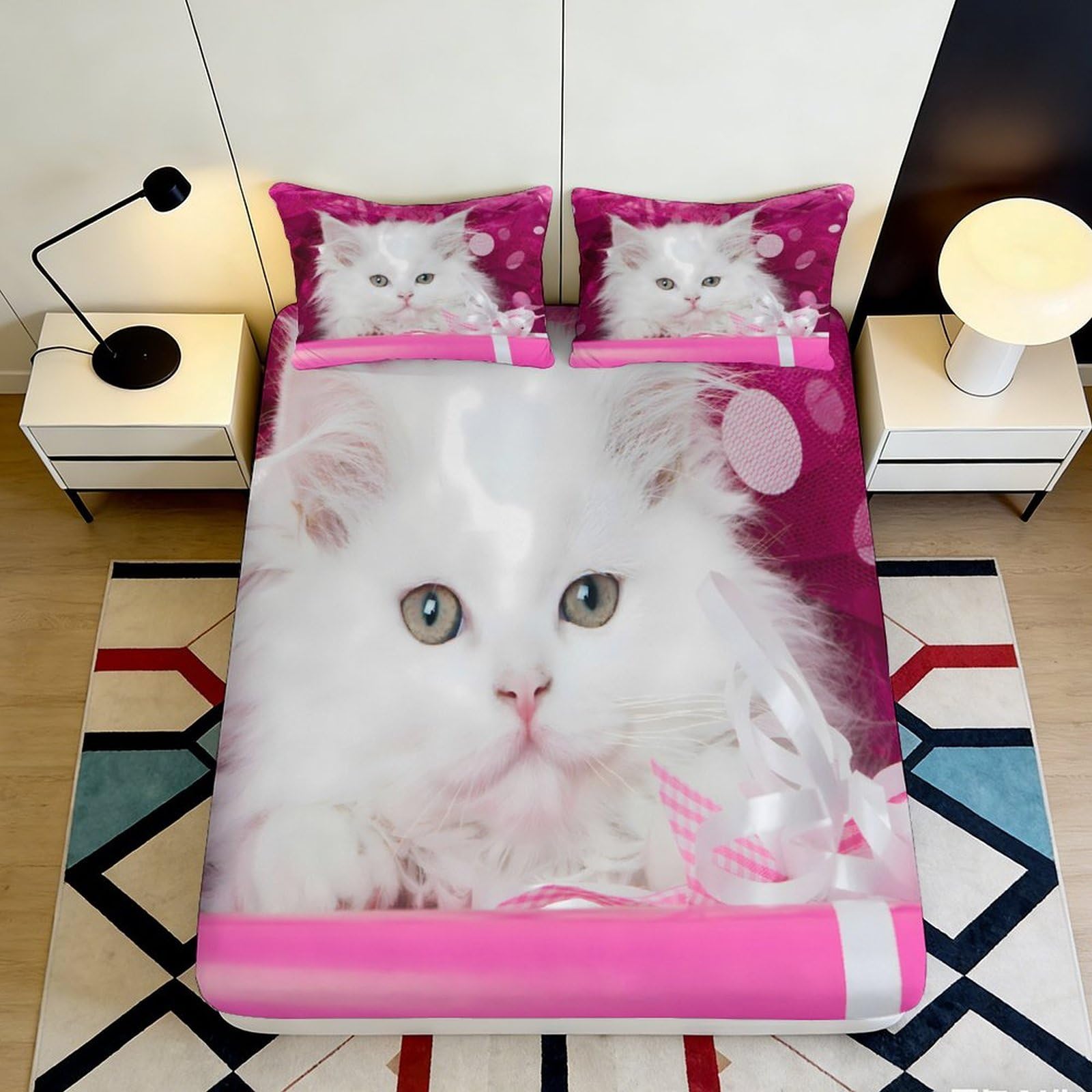 3D Printed White Cat Pattern Fitted Sheet Microfiber Pink Cute Kitten Bed Cover for Bedroom Guest Room Dorm Decor 90x200x25cm