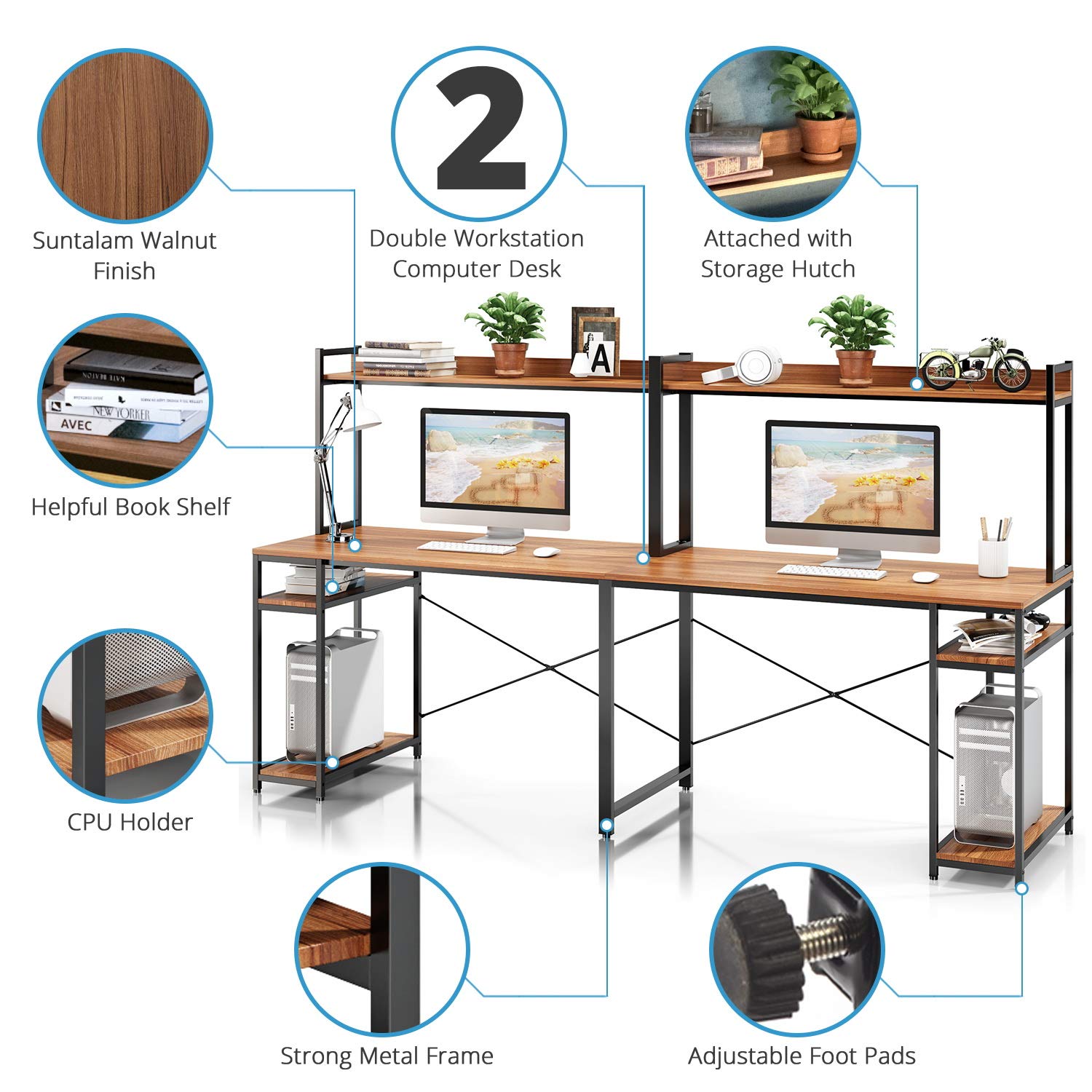 VIPEK 94.5 Inch 2 Person Desk, Large Double Computer Desk with Hutch