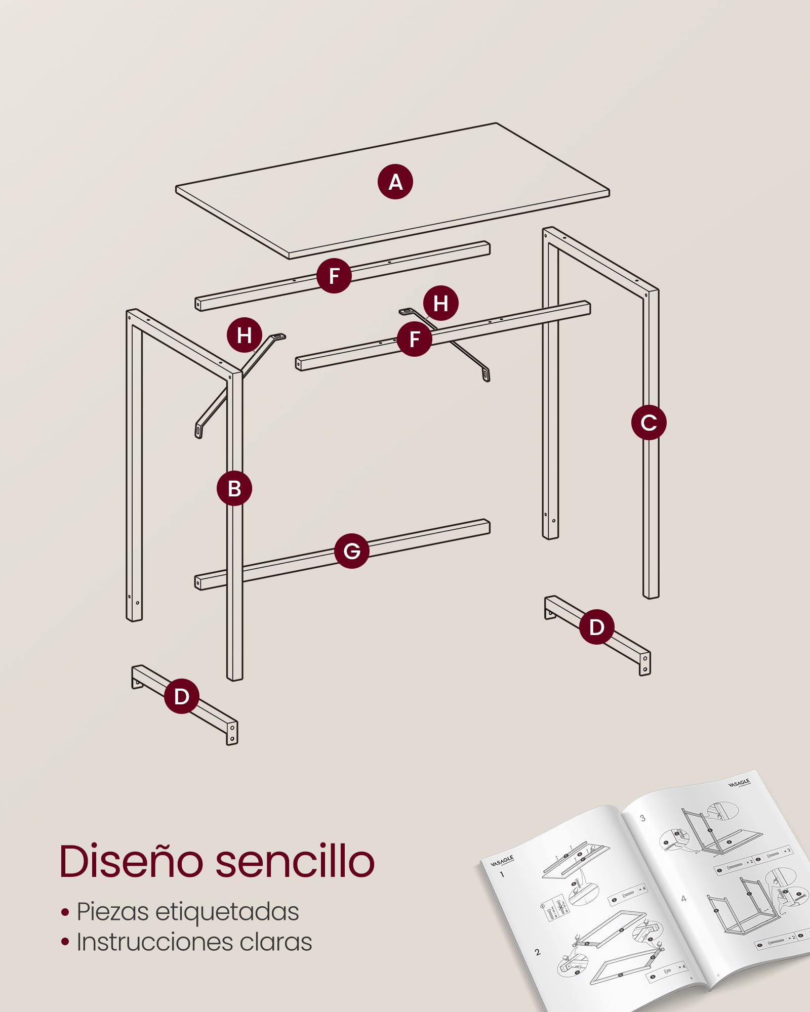 VASAGLE Escritorio, Mesa Oficina Pequeña y Estación Trabajo, Mesa para Teletrabajo, Estudio, Dormitorio, 50 x 100 x 76 cm, Estilo Moderno, Estructura Metal, Marrón Camello y Negro Tinta LWD041K01