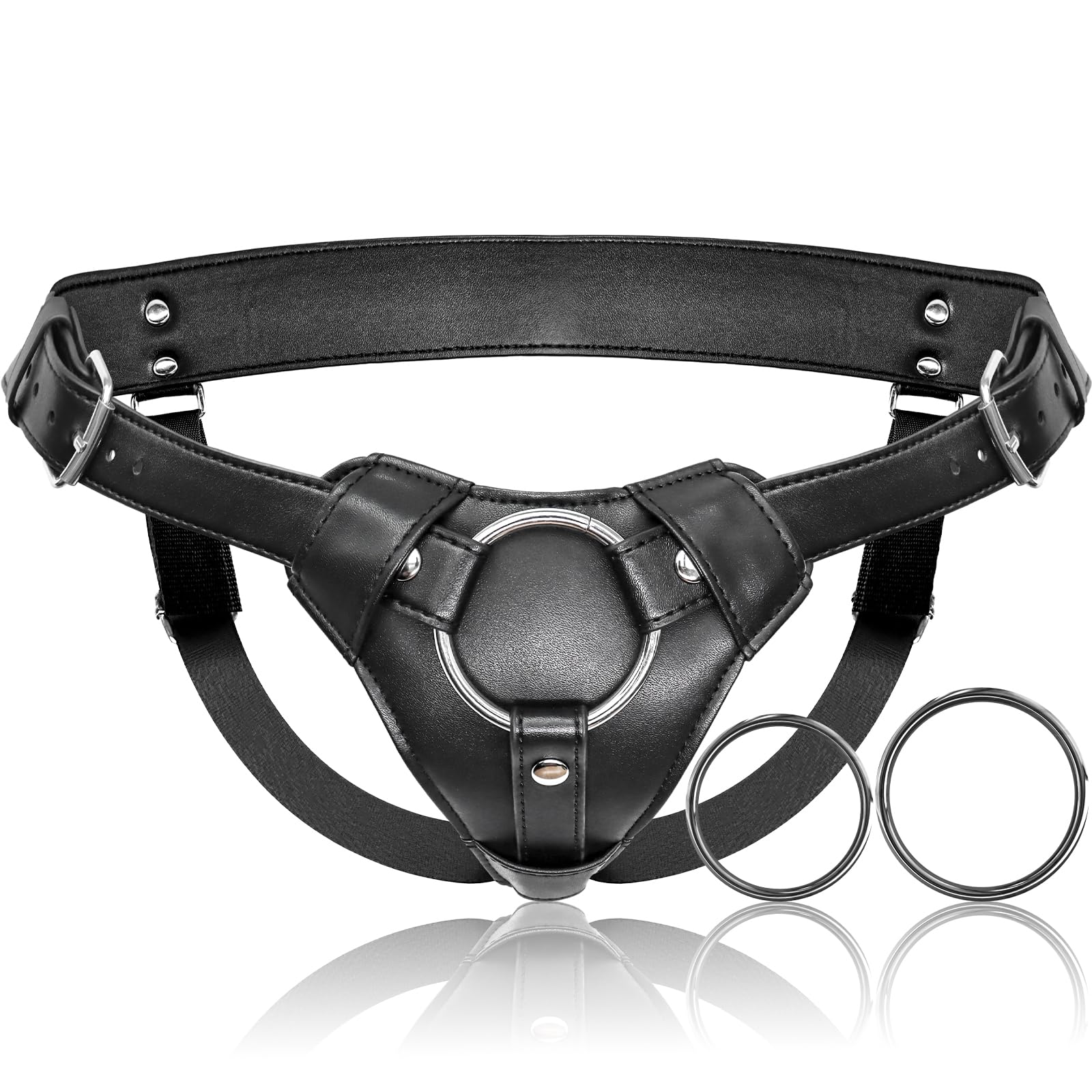 Strap On Dildo Harness Adult Sex Toys for Women Men Pegging Dildo, Adjustable Waist and Thigh Soft Nylon Vegan Leather Belt with 2 Size Metal O-Rings for Lesbian Gay Couple Vaginal Anal Play (Black)