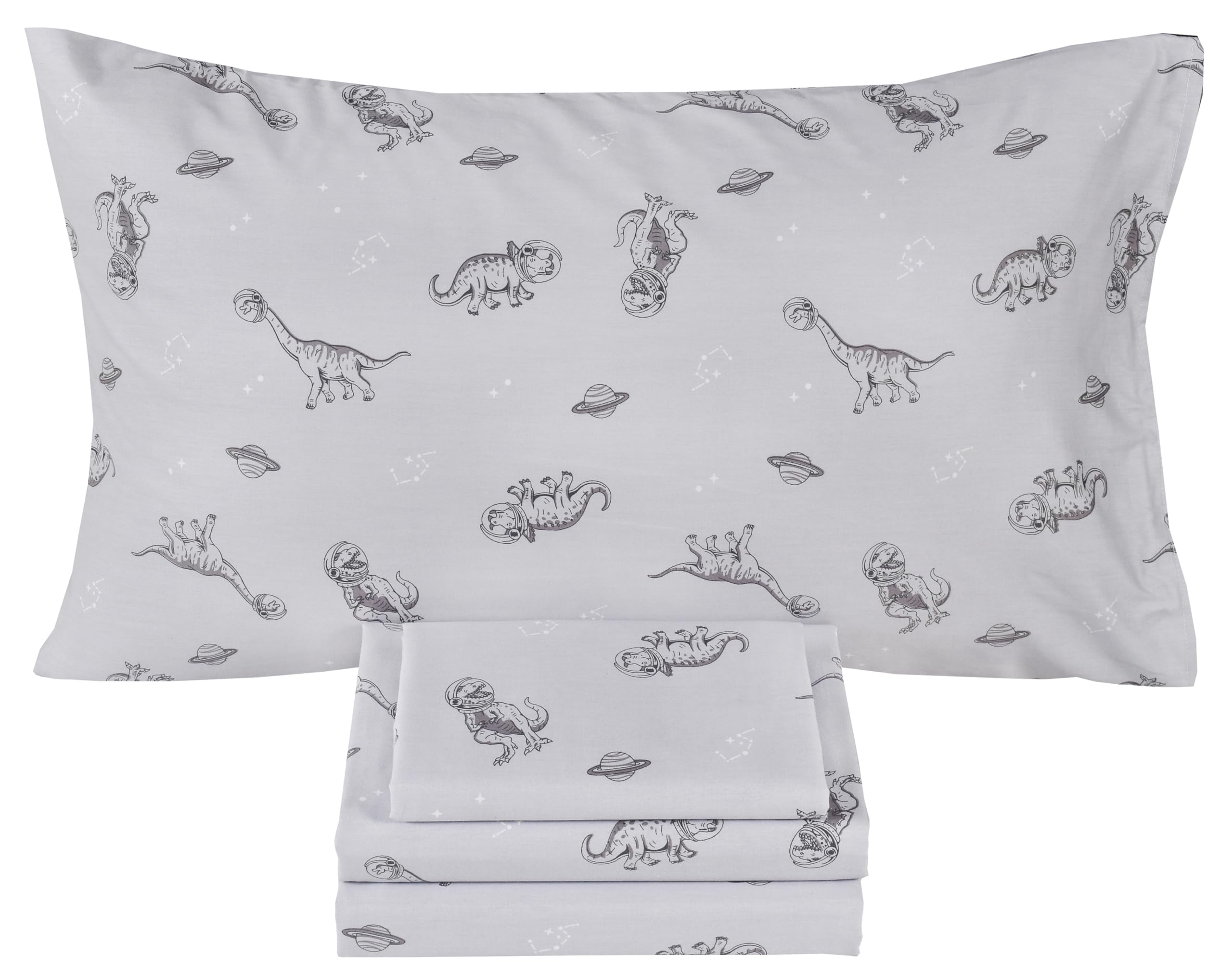 Scientific Sleep Gray Dinosaur Space Walk Universe Travel 100% Cotton 4 Pcs Twin Bed Sheet Set Kids Toddler Teen, Flat Sheet &amp; Fitted Sheet &amp; Pillowcase Kids Bedding Set Full