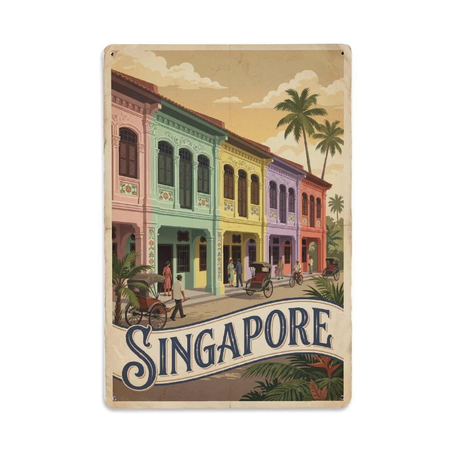Huiyhb 8X12inch(20X30cm) Vintage Travel Singapore Shophouses Metal Tin Sign