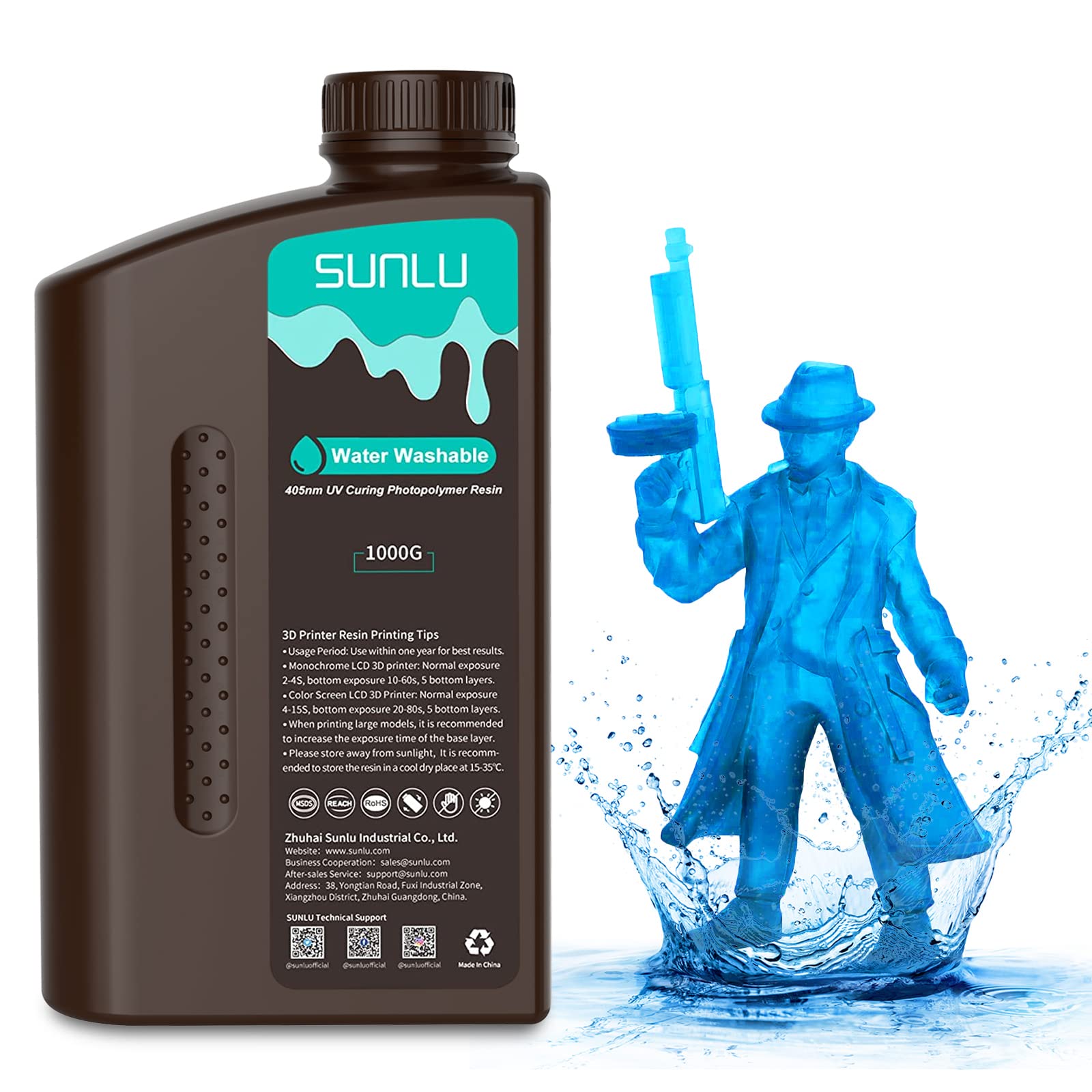 SUNLU Résine Lavable à l'Eau Résine pour Imprimante 3D,1kg UV 405nm 3D l'impression Résine Photopolymère Standard pour LCD DLP SLA Imprimante 3D, Haute Précision, Faible Odeur, Transparent Bleu 1000g