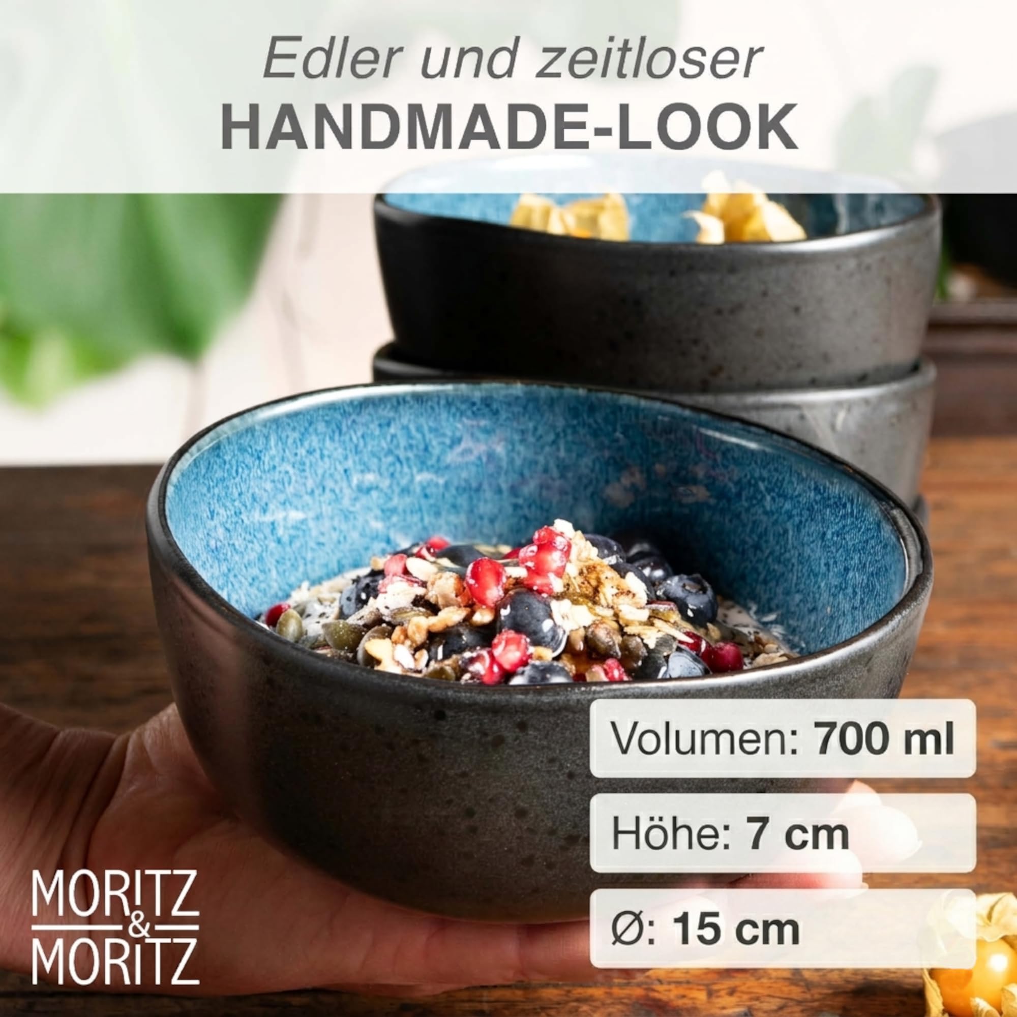 Moritz & Moritz ORGANIC Müslischalen Set 6-teilig Blau, Steingut Bowls im modernen Design, ca. 500 ml Füllmenge, einzigartiger Farbverlauf, robust und spülmaschinengeeignet