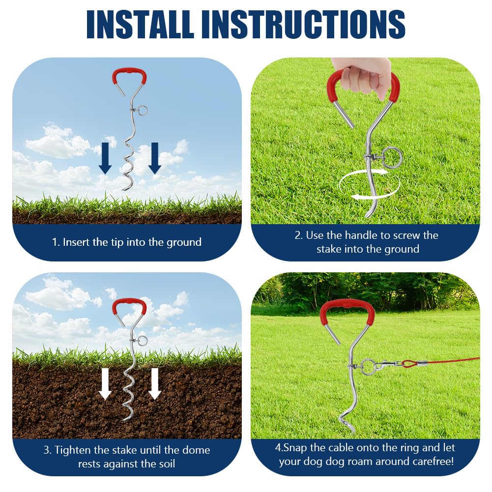 Aomig 20FT(3M) Dog Stake and Tie Out Cable, Heavy Duty Dog Tie Out Cable with Spiral Ground Stake, Sturdy Dog Lead Stake - Image 4