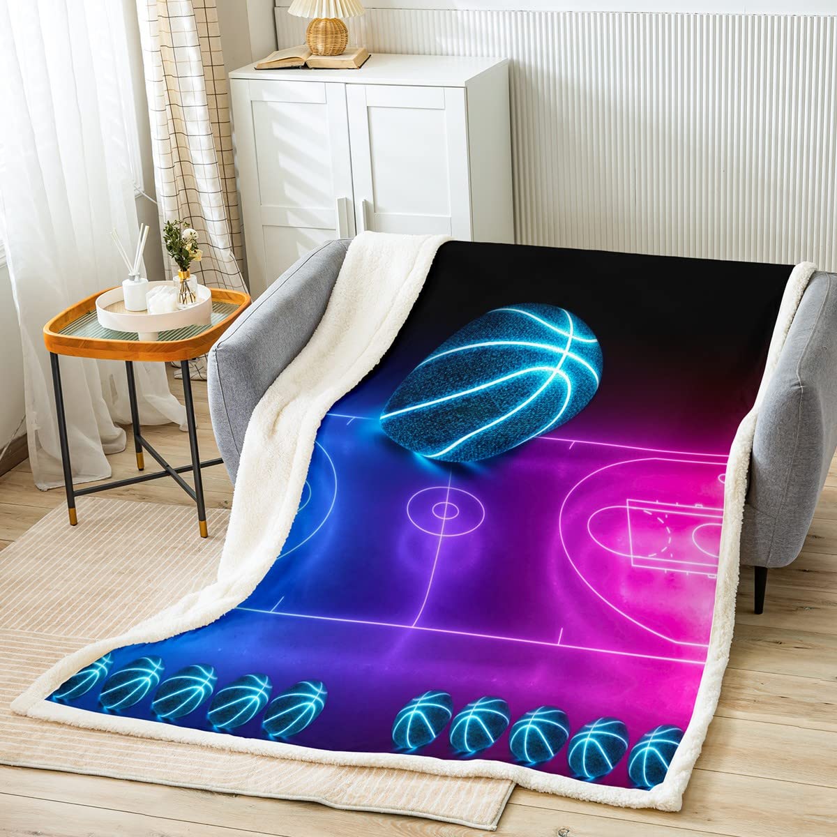Coperta da basket sherpa incandescente sfumata al neon coperta da basket per ragazzi sport gioco coperta sfocata per ragazzi ragazze bambini blu rosa decorazione giochi con palla coperta in peluche