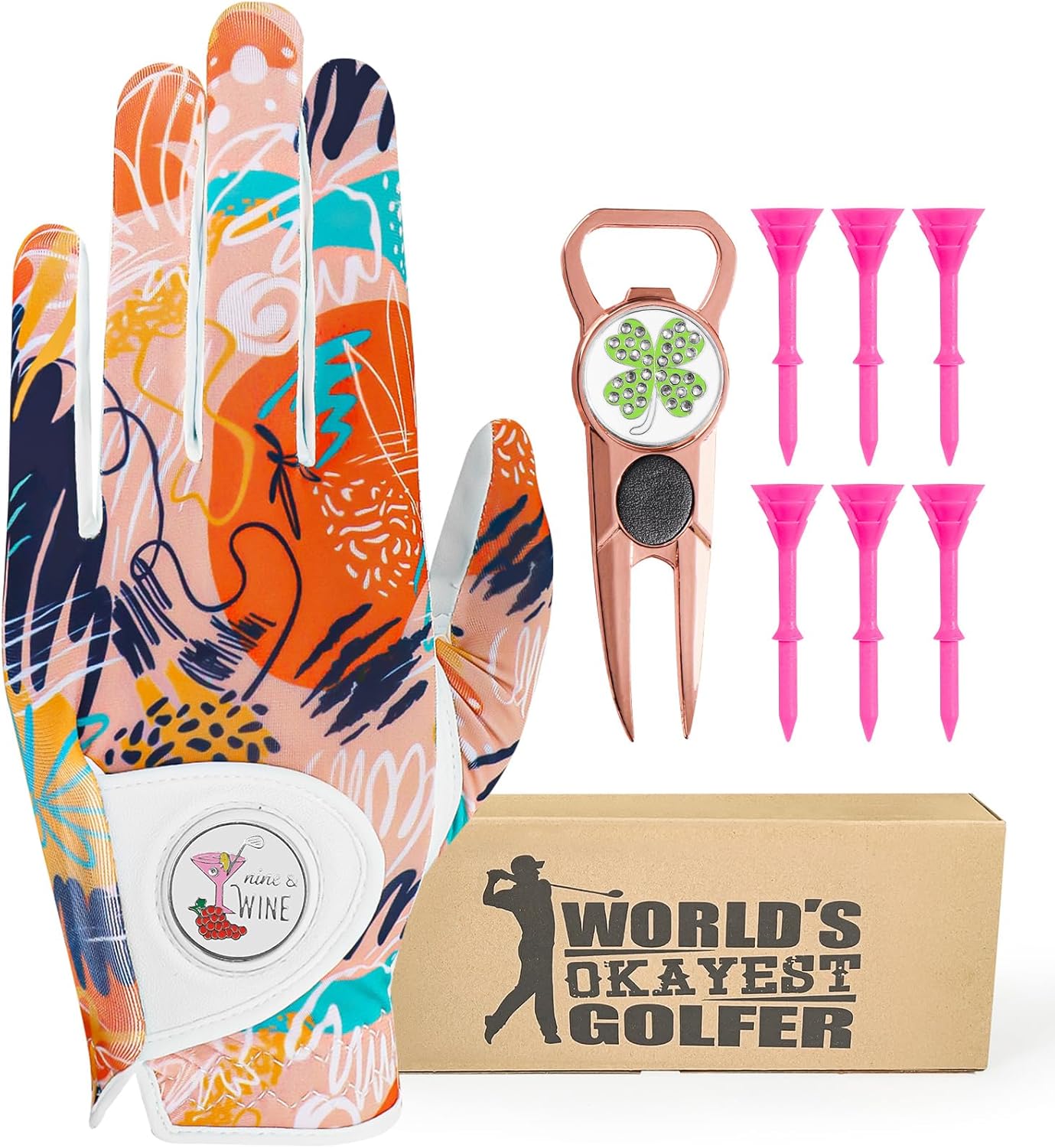 Womens Golf Glove with Ball Marker Value Set, Left Hand Right 1 Pack 6 Plastic Tee with Divot Tool, Stylish Colored All Weather Grip Breathable for Ladies Women