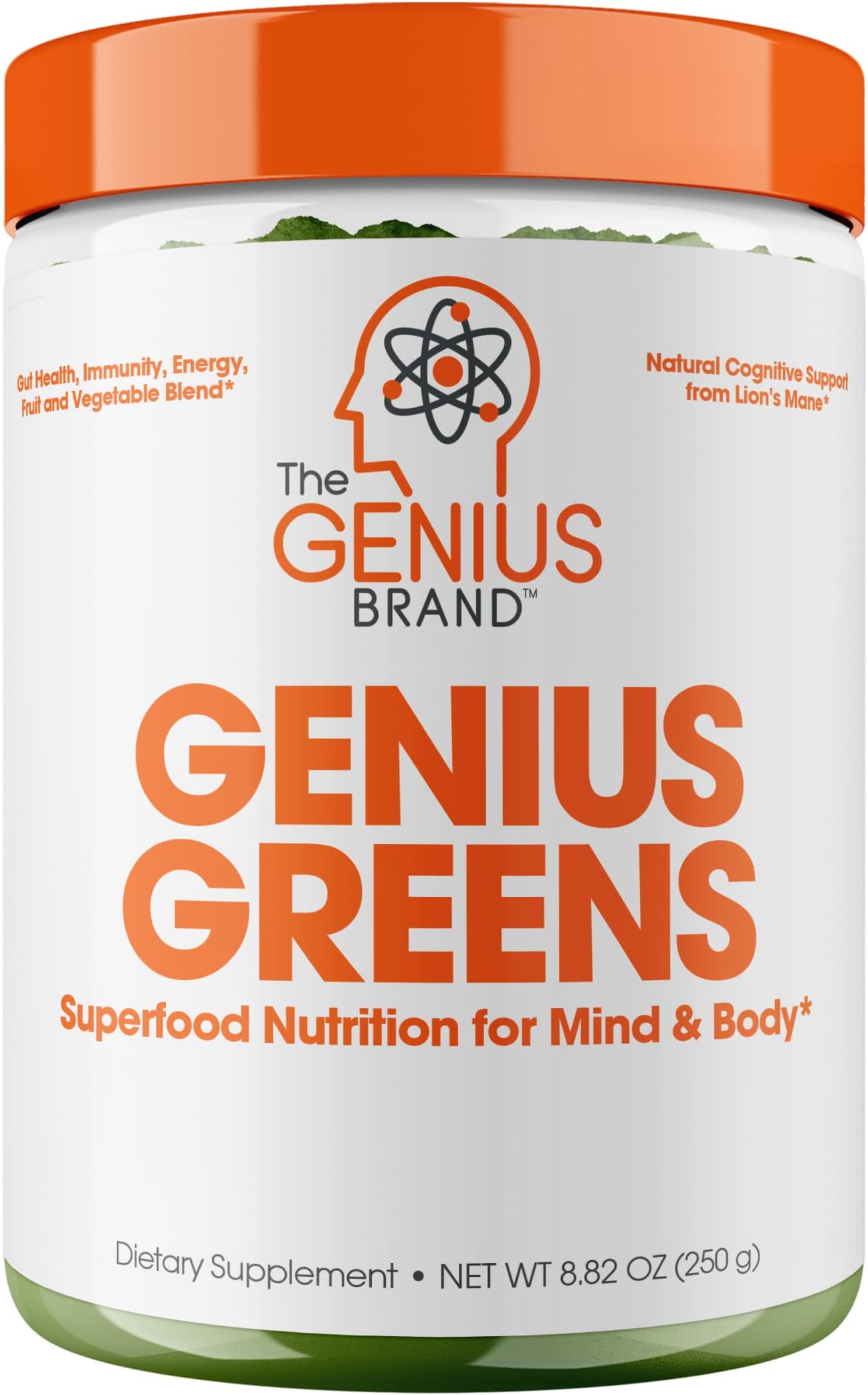 Genius Super Greens Powder Nootropic Supplement - Organic Spirulina Powder w/Lions Mane, Kale, and Antioxidants | Amazing Green Superfood Juice & Smoothie Mix For Energy, Immunity Booster, & Vibrance