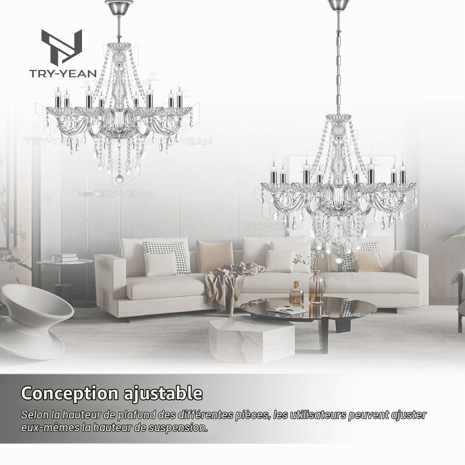 Luxueux Lustre à 8 bras Lustre Cristal Transparent Plafonnier Lampe à Suspension Verre Cristal K5 avec Chaîne Réglable Style Bougie E14 pour Chambre à Coucher, Salon, Salle à Manger, Couloir