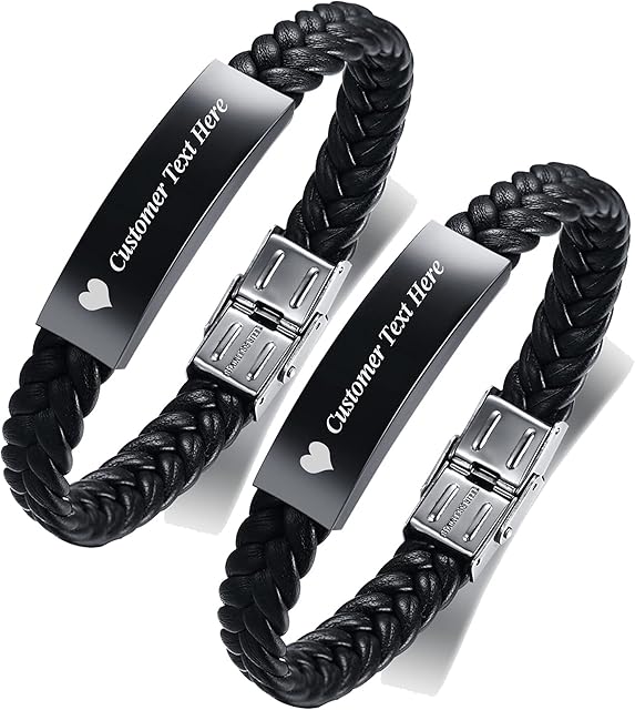 FLHEART Personalised Black Stainless Steel and Microfiber Braided Leather Bracelet Classic Style His Hers Couple Bracelet Adjustable Birthday Valentine's Day Anniversary Bracelet Gift