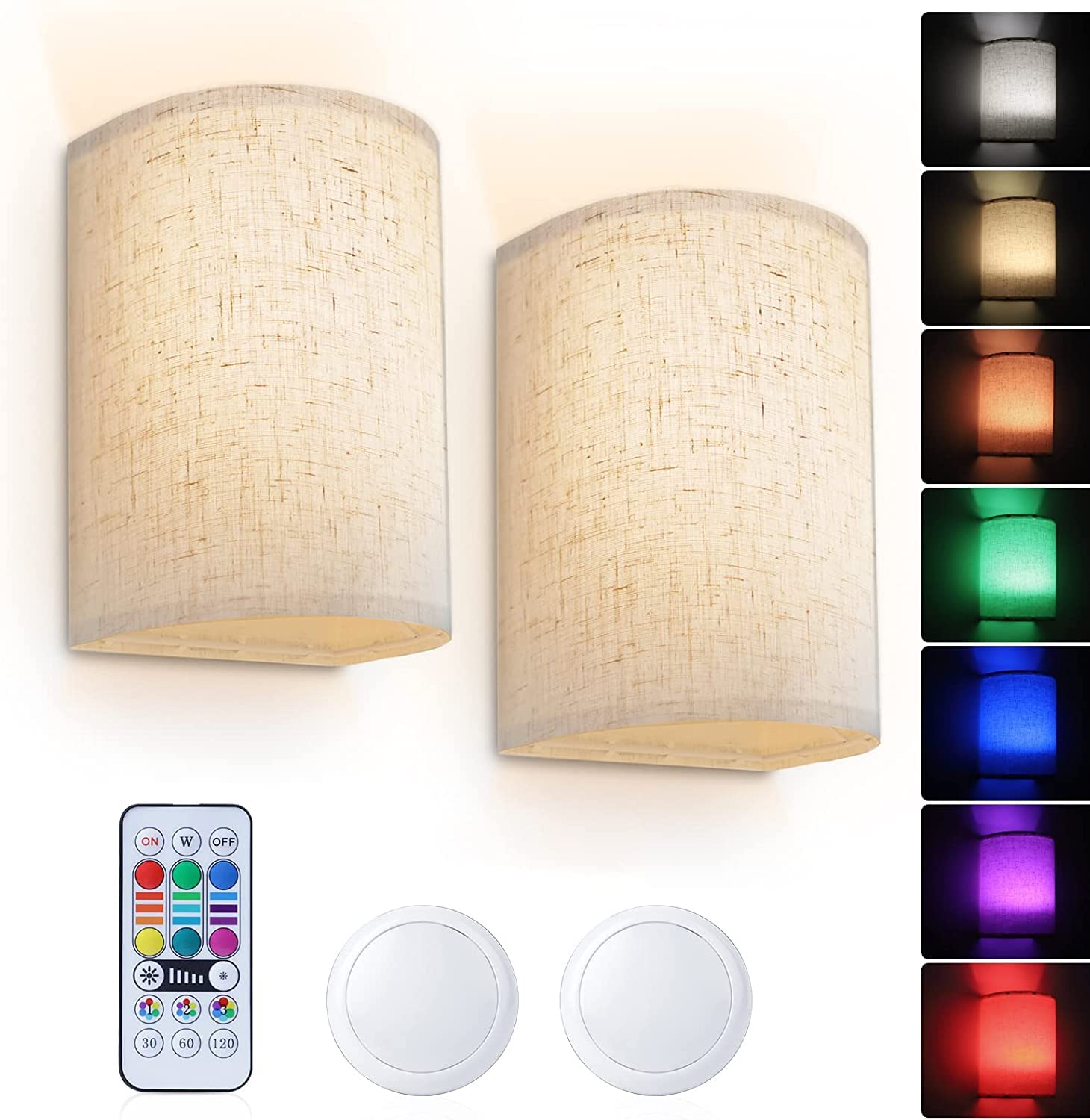 Wall Sconce Lighting Decor Set of 2, 16 RGB Colors Wireless Wall Sconce with Fabric Shade Remote Control, Dimmable Wall Lamp Fixtures for Bedroom Living Room Hallway