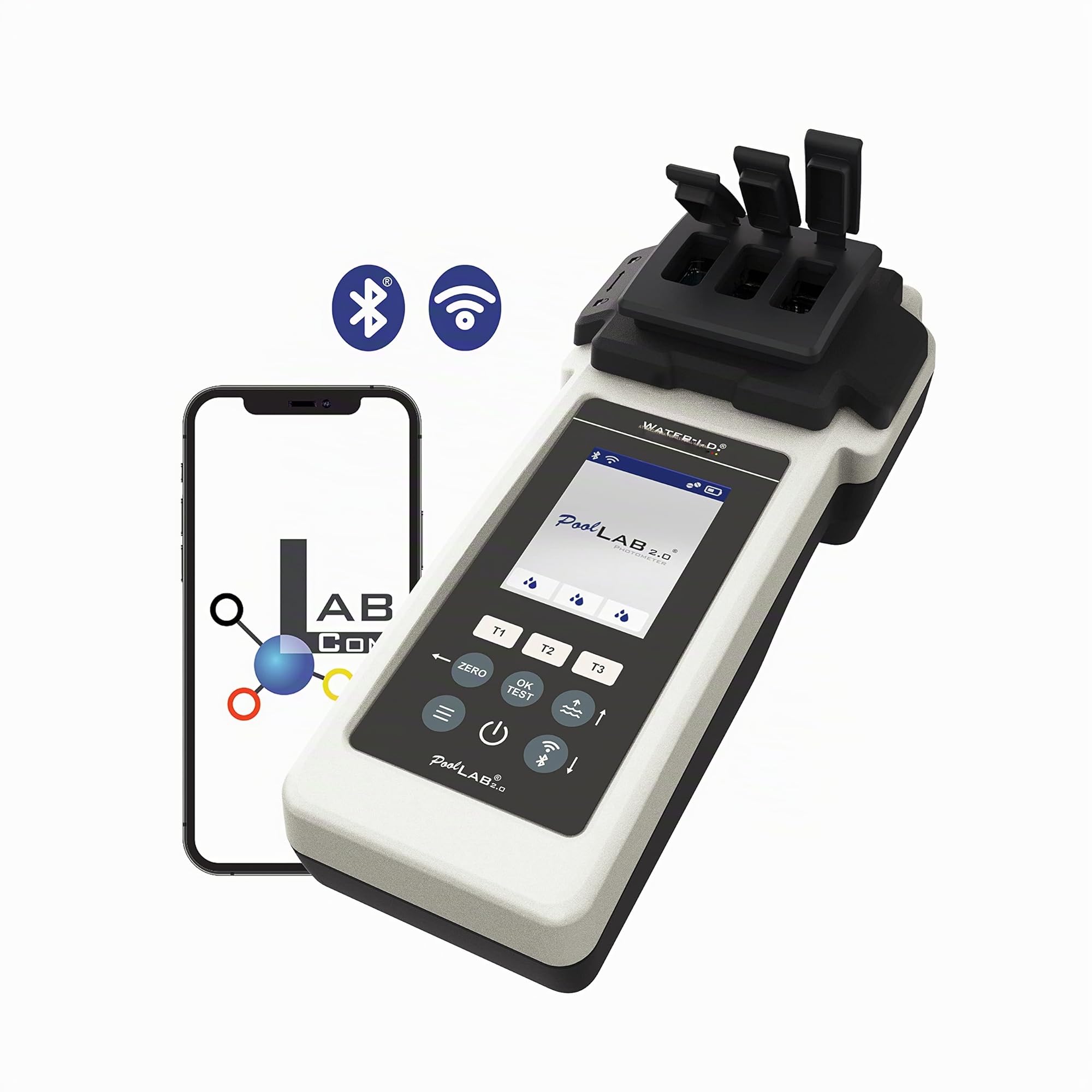 Water-i.d. WATER TESTING EQUIPMENT PoolLab 2.0 - Tester elettronico per acqua con Bluetooth e WiFi, analisi professionale dell'acqua per piscina e spa, tester per piscina con 3 camere