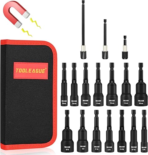 TOOLEAGUE Juego de destornilladores magnéticos de tuercas para taladro de impacto Cr-V acero de 14 pulgadas vástago hexagonal de cambio rápido de 17