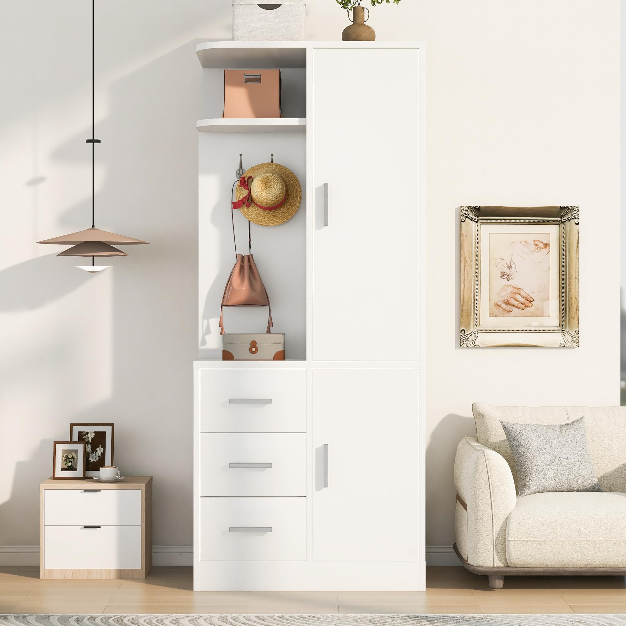 Armadio da corridoio, 70 x 50 x 170 cm, 3 cassetti, in legno, bianco