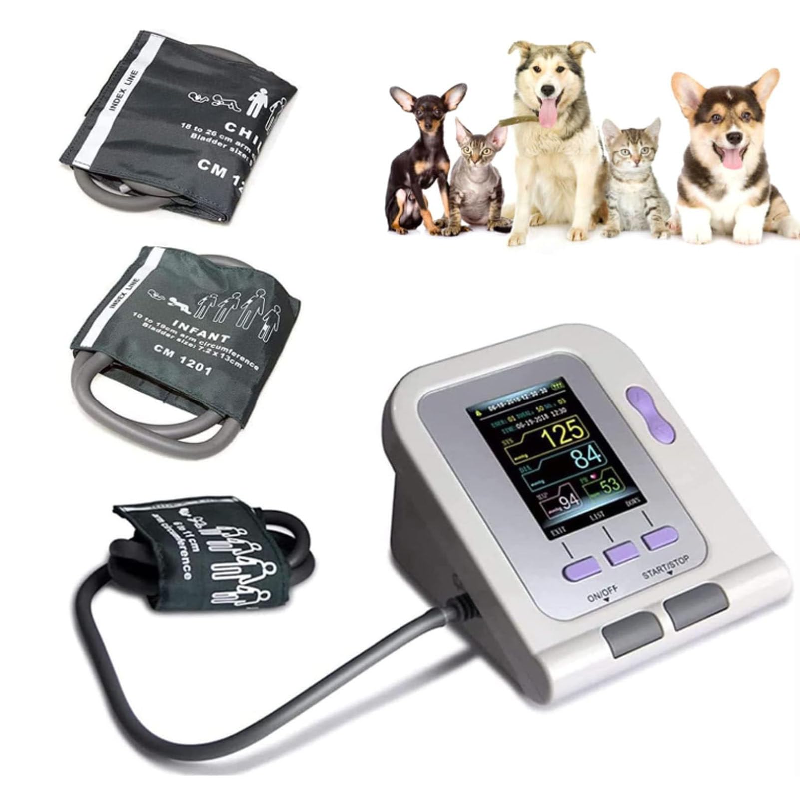 Oxímetro de pulso veterinario, esfigmomanómetro electrónico veterinario, monitor de presión arterial veterinario digital con brazalete con 3 brazaletes, equipo veterinario de escritorio para