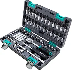 Stels Jogo de Ferramentas 57 Peças 1/4" - Aço Cromo Vanádio - Catraca 72 Dentes + Acessórios - Caixa Plástica Resistente - Ideal para Mecânica e Reparos Domésticos