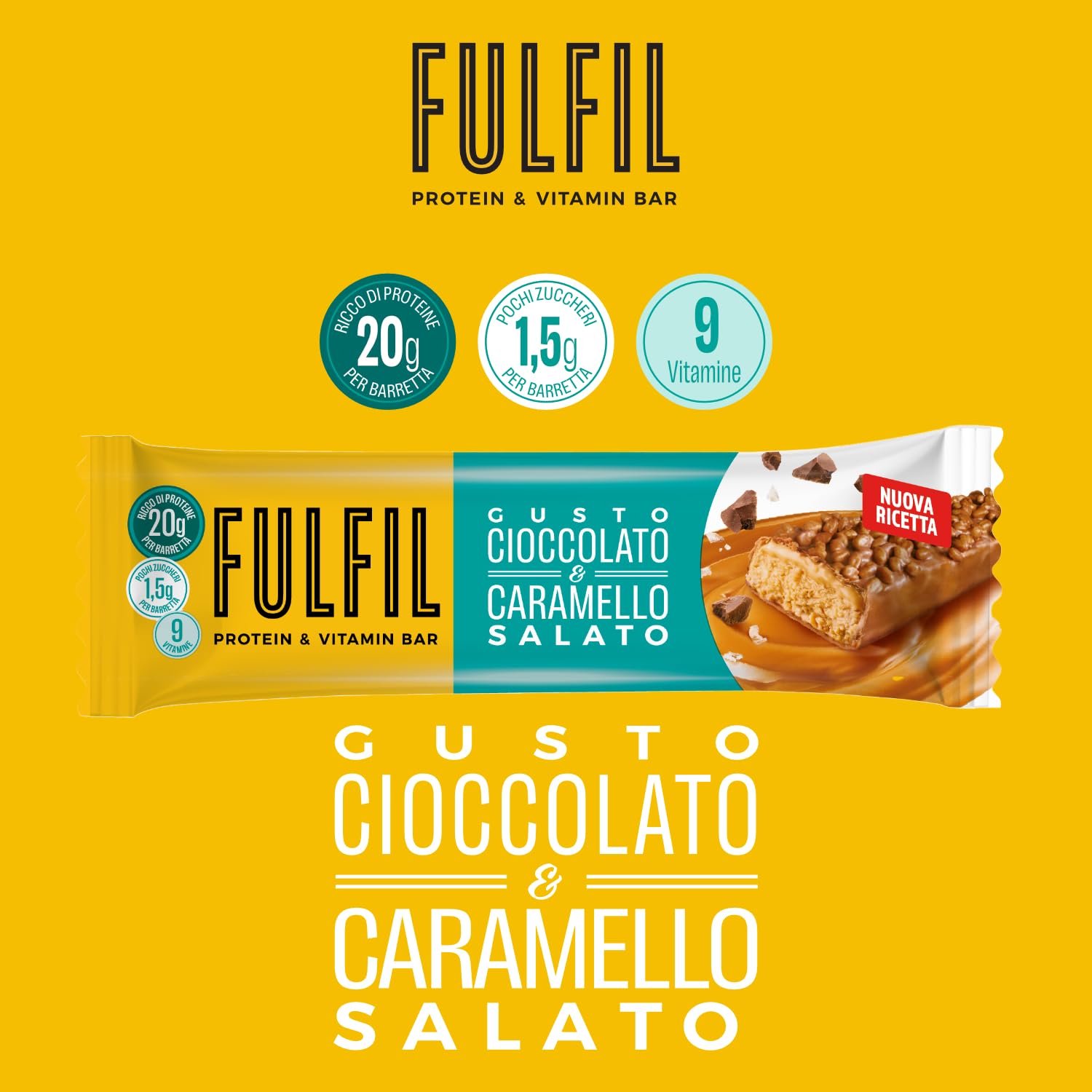 FULFIL - 15 Barrette Proteiche da 55 Grammi, Gusto Cioccolato e Caramello Salato con 9 Vitamine e Pochi Zuccheri, Confezione da 825 Grammi