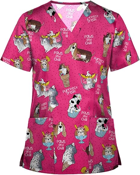 OIOLOYJM Printed Scrub Tops Women V Neck Short Sleeve Plus Size Scrubs for Womens Nursing Uniforms Shirts with Pockets