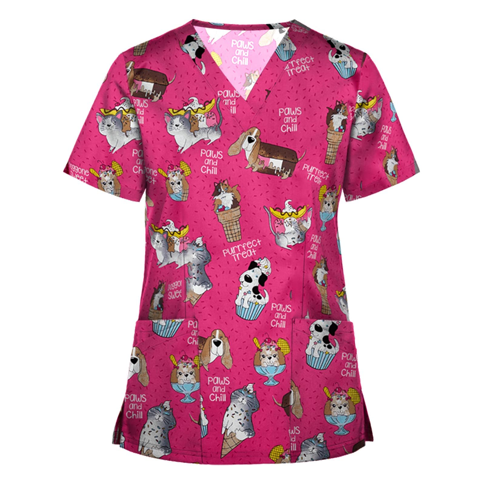 Scrubs for Women Set Animal Print Tops for Women V Neck Cartoon Pattern Short Sleeve Nursing Tops with Pockets
