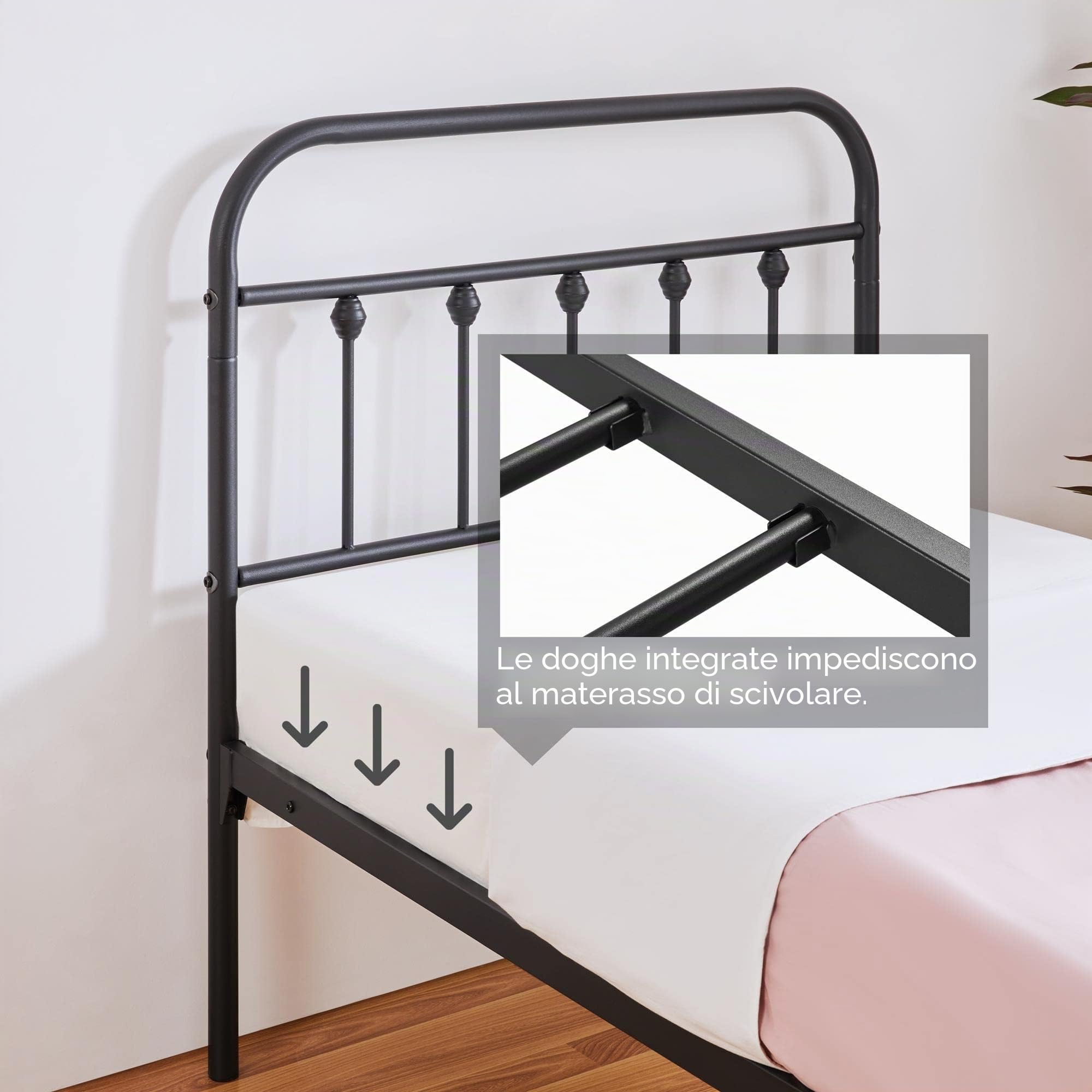 Yaheetech Struttura Letto Singolo in Ferro 90 x 200 cm Testiera Alta con Spazio Aggiuntivo per Camera da Letto Soggiorno Nera