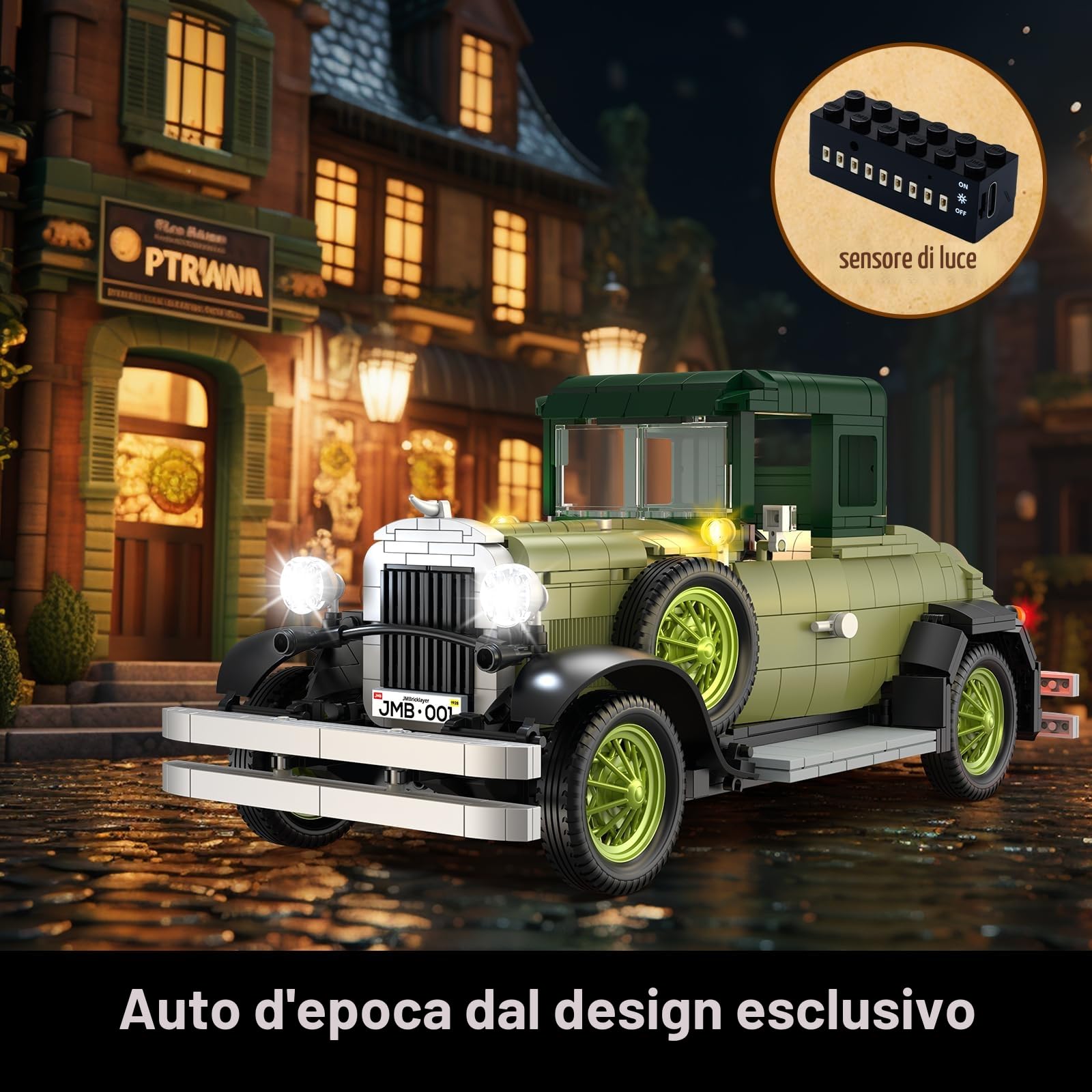 JMBricklayer Kit per auto d'epoca per adulti con luci 50001 Kit per auto modello retrò classico Auto d'epoca Decorazioni per display da collezione Costruzioni giocattolo Regali per uomini Ragazzi