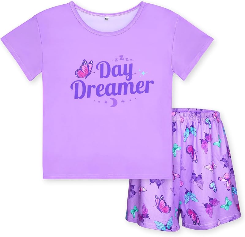 ICOSY Conjunto de pijamas para niñas, ropa de dormir suave y elástica para niños de 4 a 15 años | Pijamas para niñas con tela transpirable y pantalones cortos de cintura elástica, bien ajustados para dormir, descansar y ir de fiesta