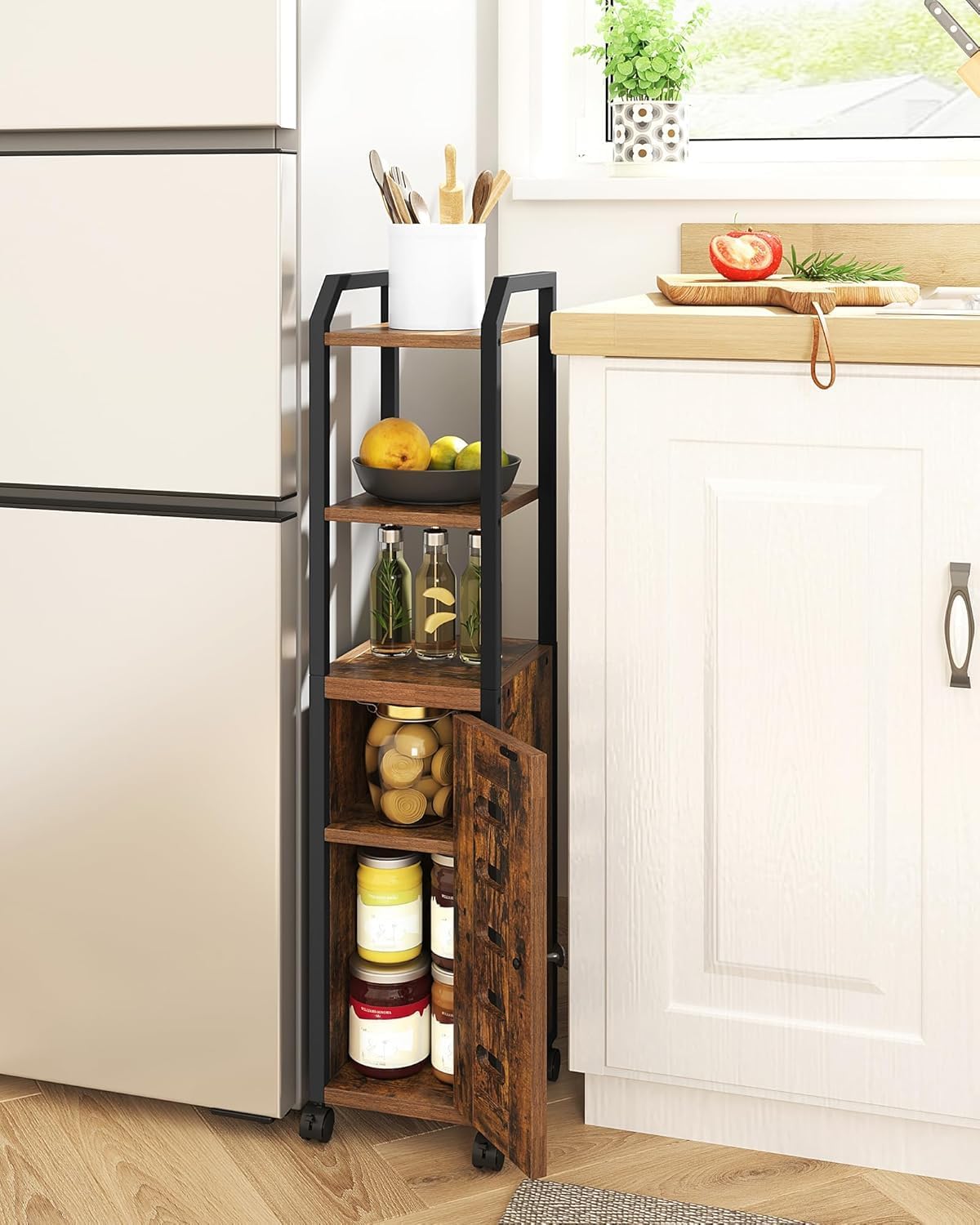 Bathroom Storage Cabinet - Toilet Paper Storage Cabinet, Small Toilet Paper Holder with 4 Wheels, Bathroom Organizer with Adjustable Shelf, for Small Spaces, Rustic Brown BC04601X - Image 4