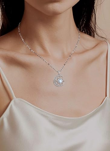 Vista 4 de Collar de sol y luna para mujer, joyería de piedra lunar de plata esterlina, regalos espirituales para madre e hija, ideas de cumpleaños, Plata