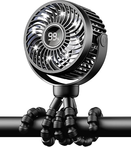 Mini ventilador portátil para cochecito de viaje, rotación de 360, luz nocturna LED de 4 velocidades con clip en ventiladores operados por batería