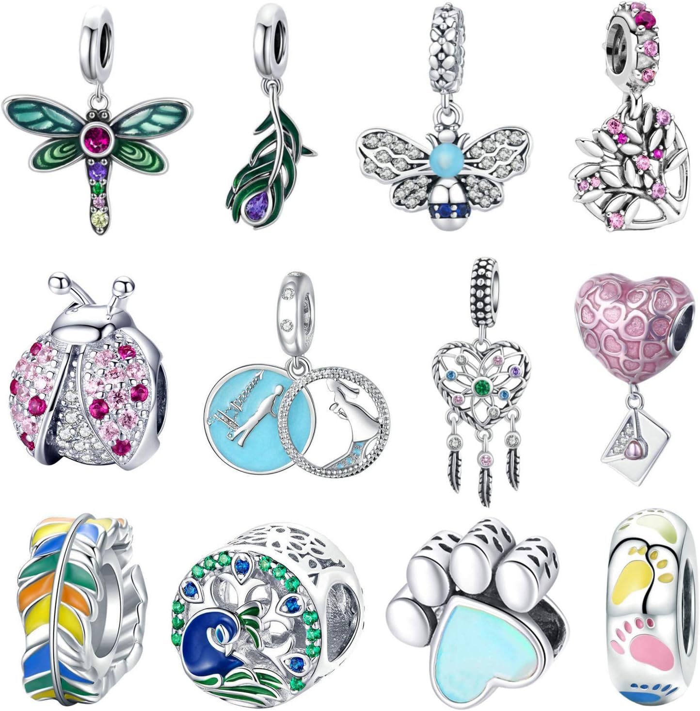 12pcs Mixed Silver Plated Colorful Enamel Alloy Beads Dangle Charms Fits for European Snake Chain Bracelet Necklace DIY Jewelry Making Supplies