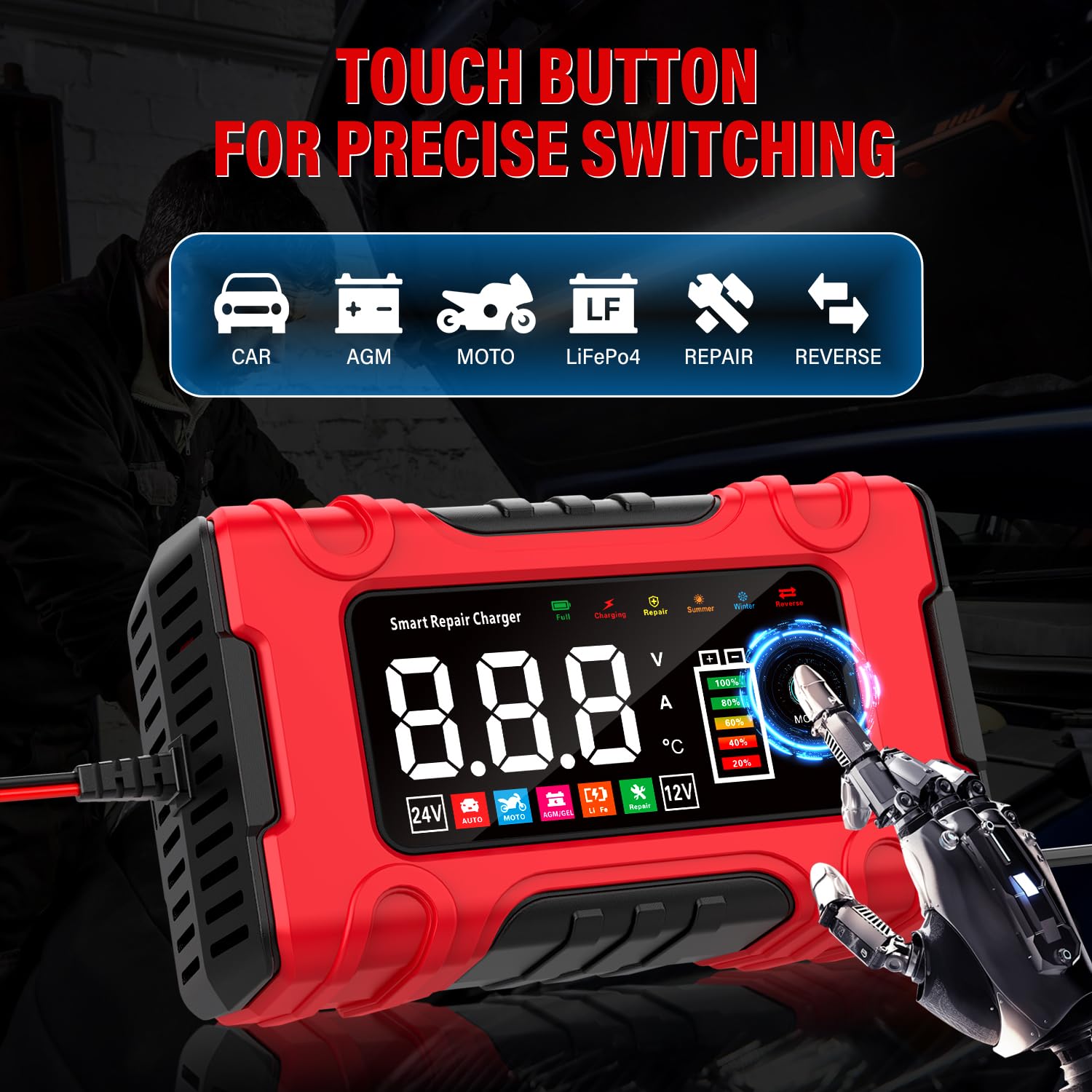 Chargeur de Batterie Voiture 10A, 12V/24V Chargeur Batterie Moto Intelligent avec Mode Réparation et Charge d'entretien pour Voitures, Motos et Camions, Batteries AGM, Gel, Humides, SLA et LiFePO4