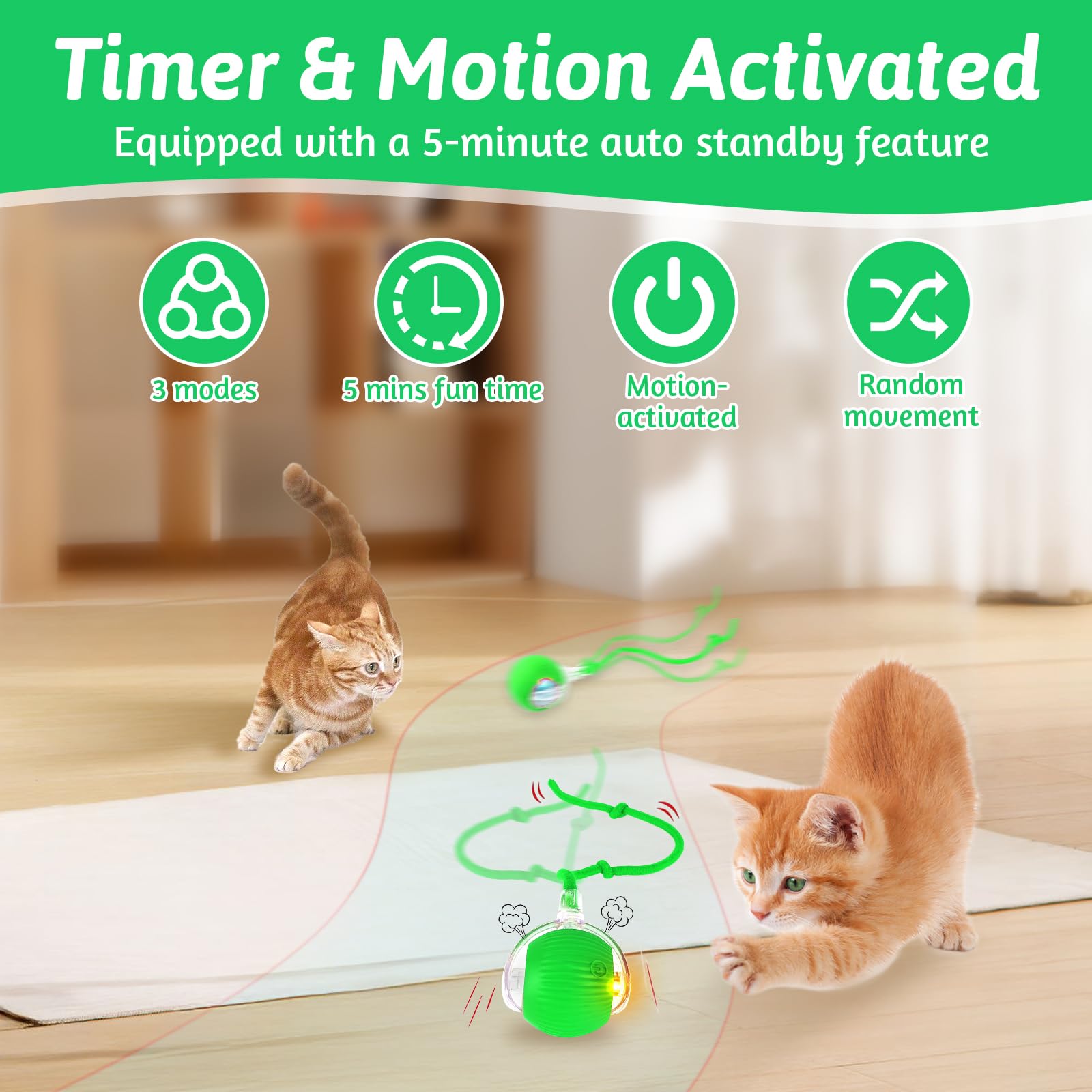 Yozexin Chewie Viral Interactive Cat Dog Smart Ball Toy, 360° Automatic Rolling for Large Small Cats & Dogs (Green) - Image 4