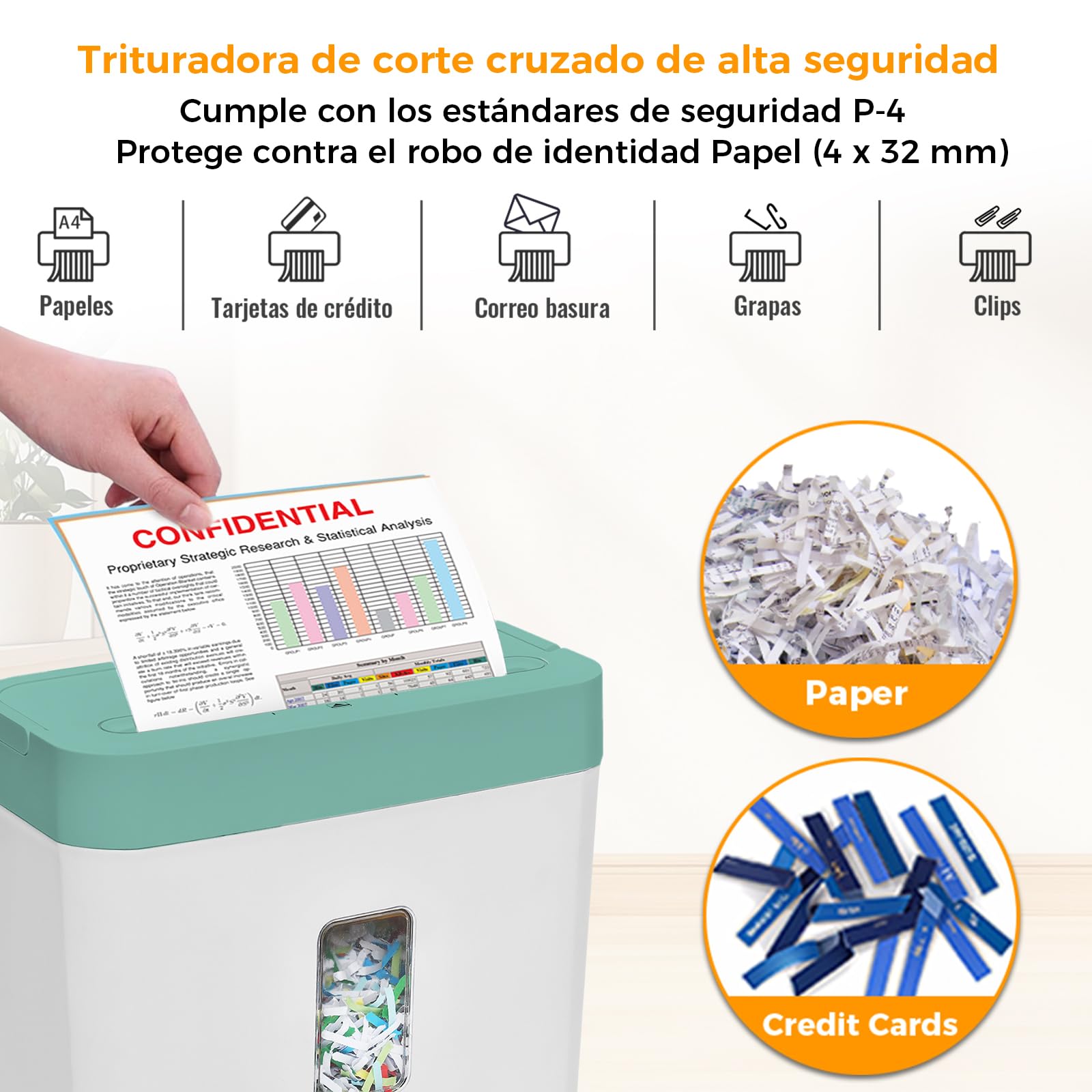 VidaTeco Destructora de Papel, destruye 6 Hojas a la Vez P4 destructora | Puede triturar Tarjetas de crédito y Clips de Oficina con un contenedor de residuos de 8 litrospara oficina y hogar