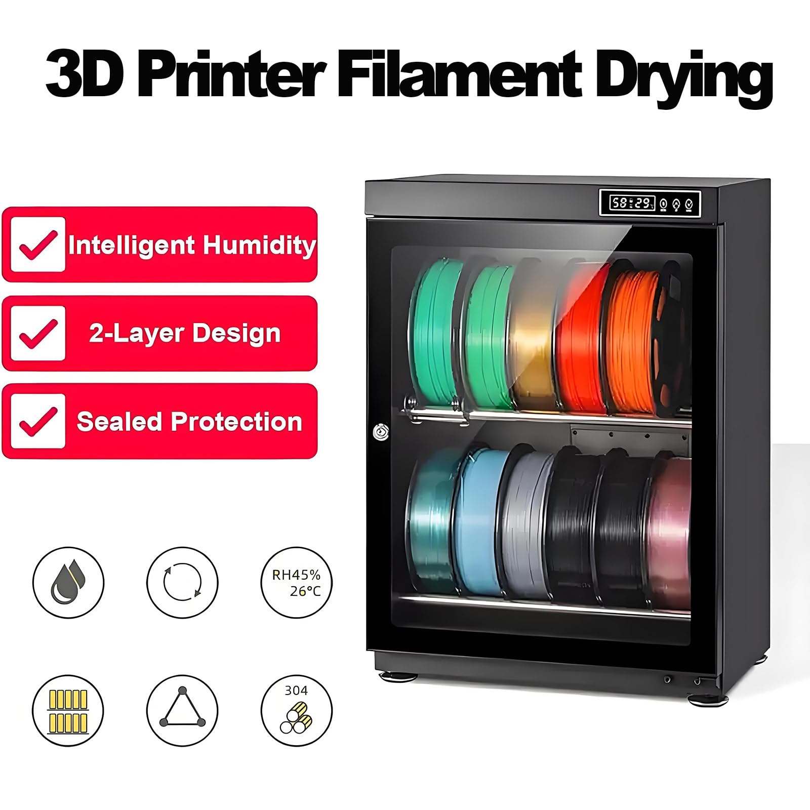 Armario seco de filamento 3D, almacenamiento antihumedad para 10-12 carretes, estructura sellada de metal, solución de secado universal compatible para suministros de impresión 3D