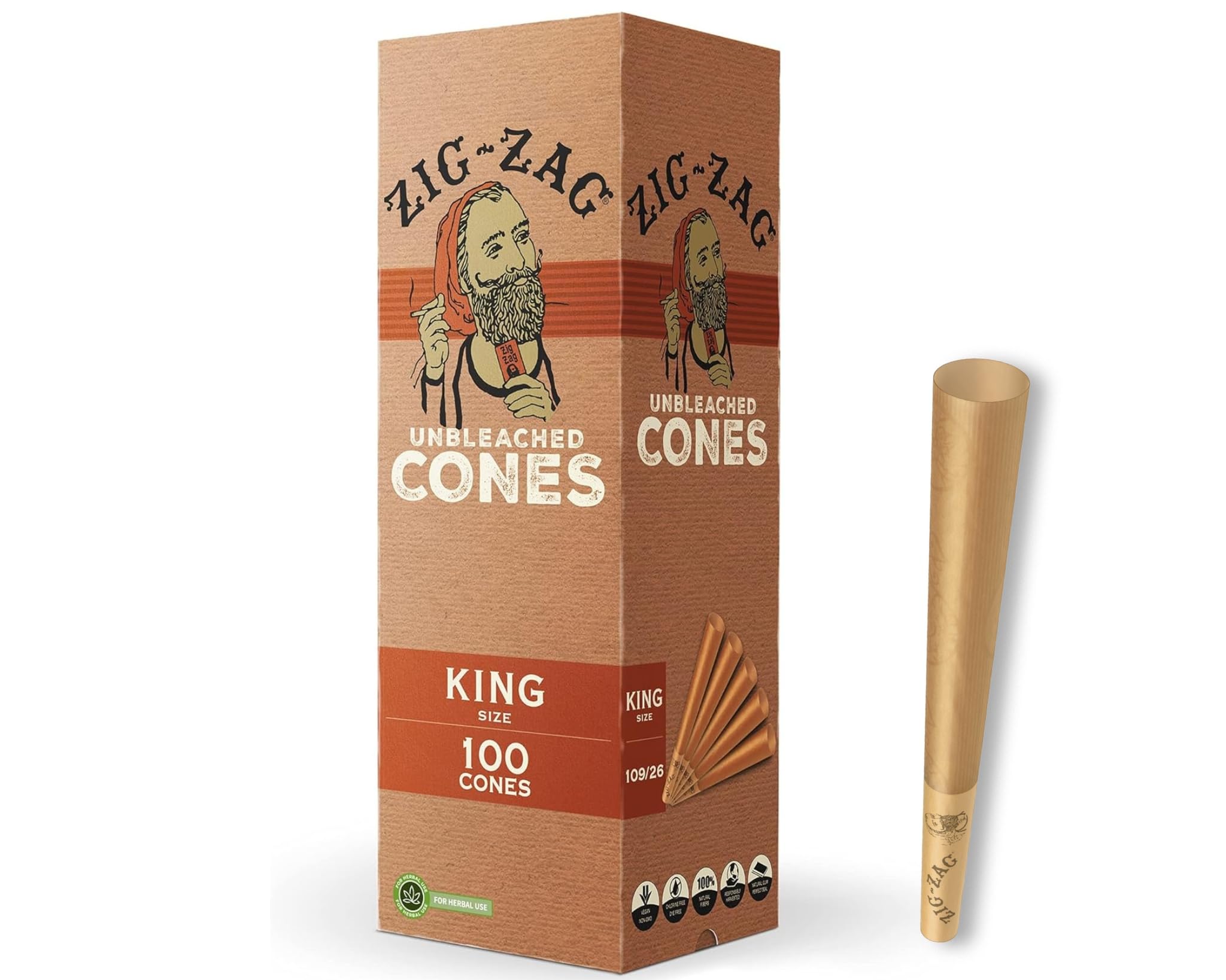 ZIG-ZAG Pre Rolled Cones King Size Unbleached (100-Pack) - Slow Burning Pre Rolled Cones with Tips & Packing Tubes Included - Bulk Pack