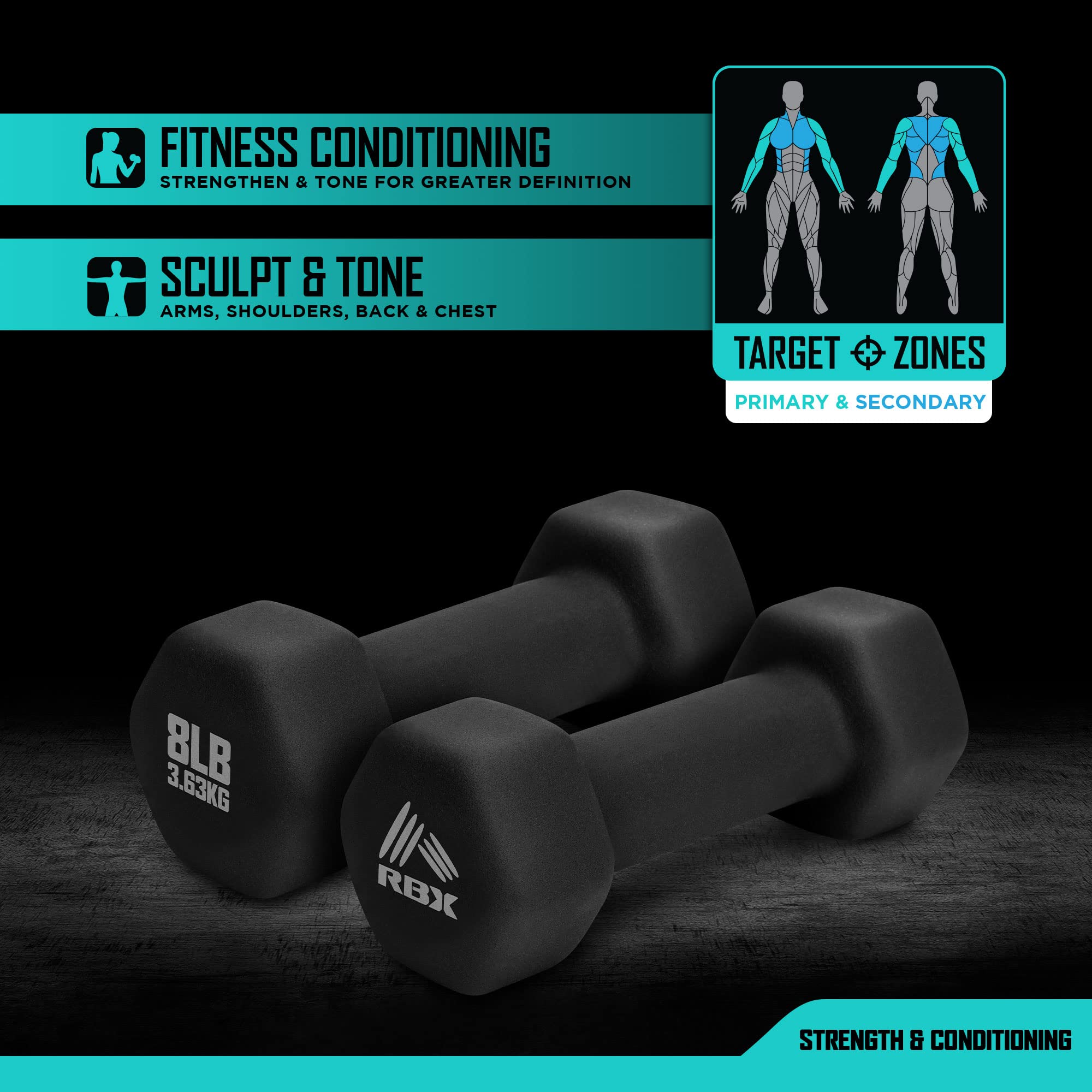 RBX - Juego de mancuernas de neopreno con agarre antideslizante, equipo de entrenamiento de fuerza para el hogar o el gimnasio, no se enrolla