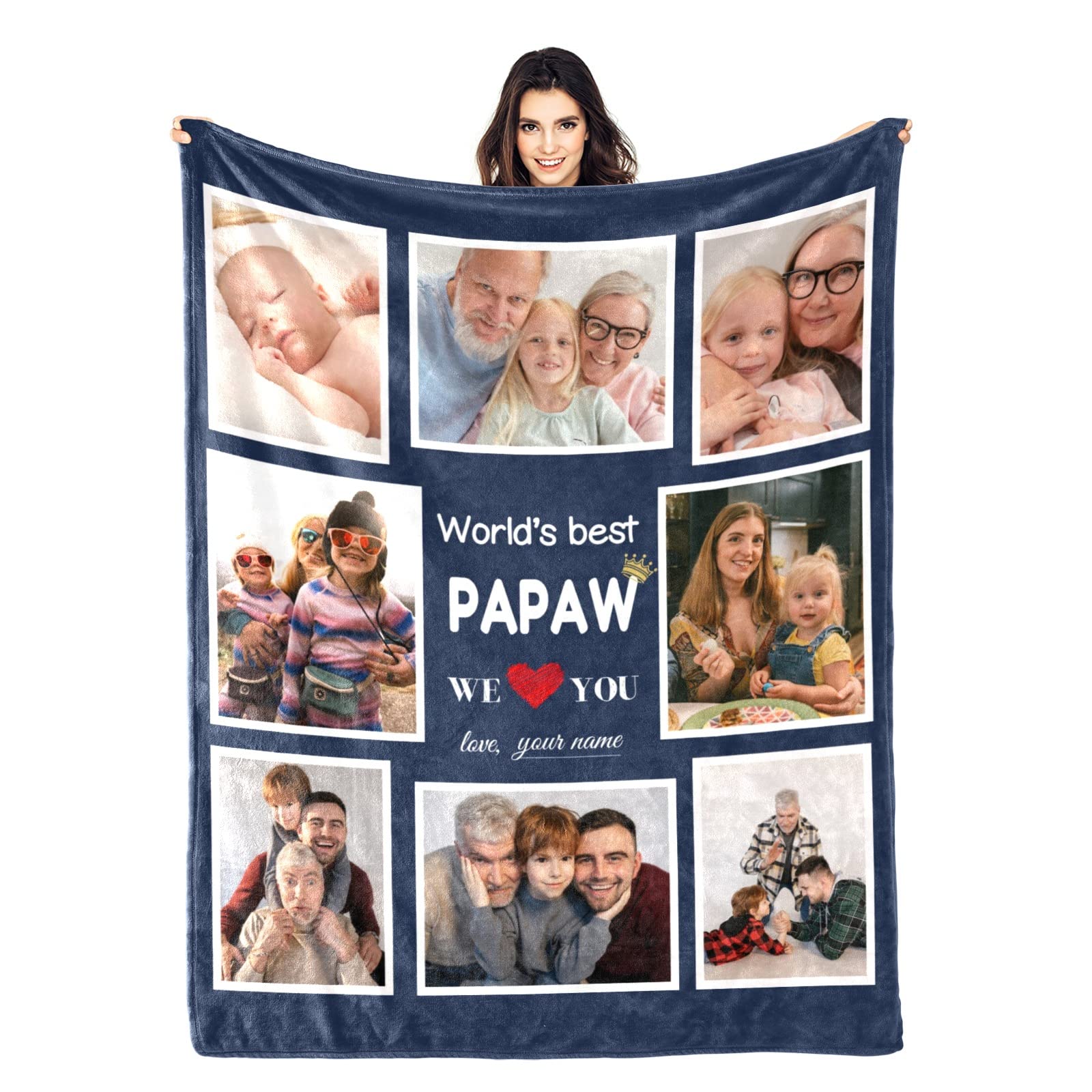 Gifts for Papaw, Custom Blankets with Photos, Personalized Papaw Picture Blanket, Customized Blankets with Photo Collage Throw, Christmas Birthday Gifts for Papa Grandpa Grandfather