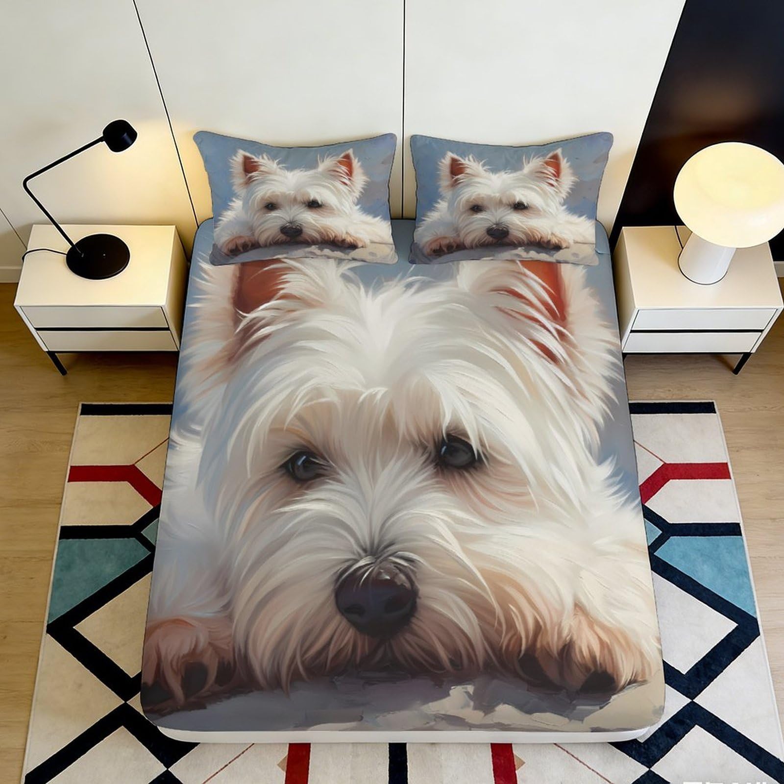 3D Printed Westie Dog Fitted Sheet Microfiber Soft Anti-Slip White Puppy Mattress Cover for Bedroom Dorm Decor 120x200cm 160x200x25cm