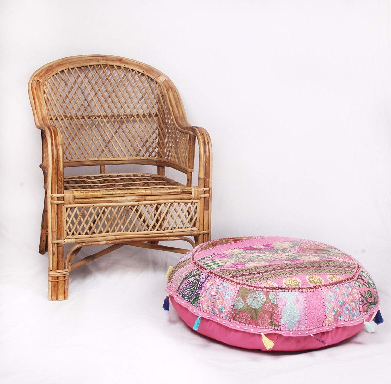 Sophia Art Round Floor Pillow Cushion Patchwork Pouf Ottoman Vintage Indian Foot Stool Bean Bag Floor Pillow Cover Home Decor Living Room Ottoman Bohemain Pillows (Pink, 40 Inch)