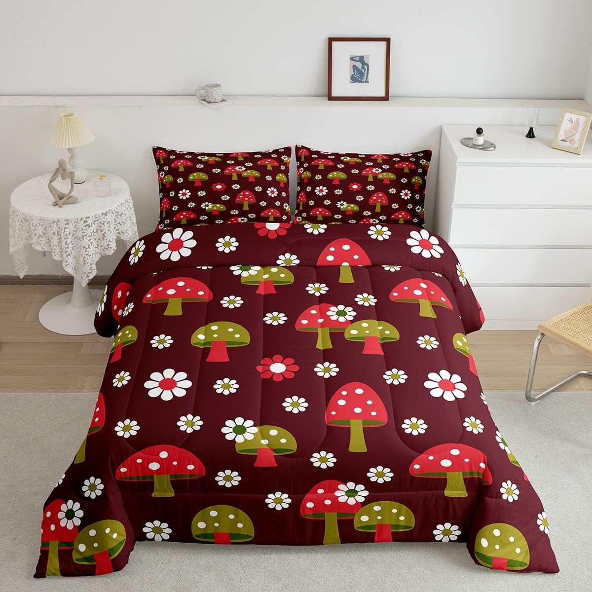 Feelyou Cute Mushroom Decor Bedding Set Cartoon Mushrooms Floral Comforter Set Kawaii Fungus Boys Girls Decor Comforter Wild Mushroom Stuff Duvet Set Bedroom Quilt Set Queen Size Multi 15 Qu